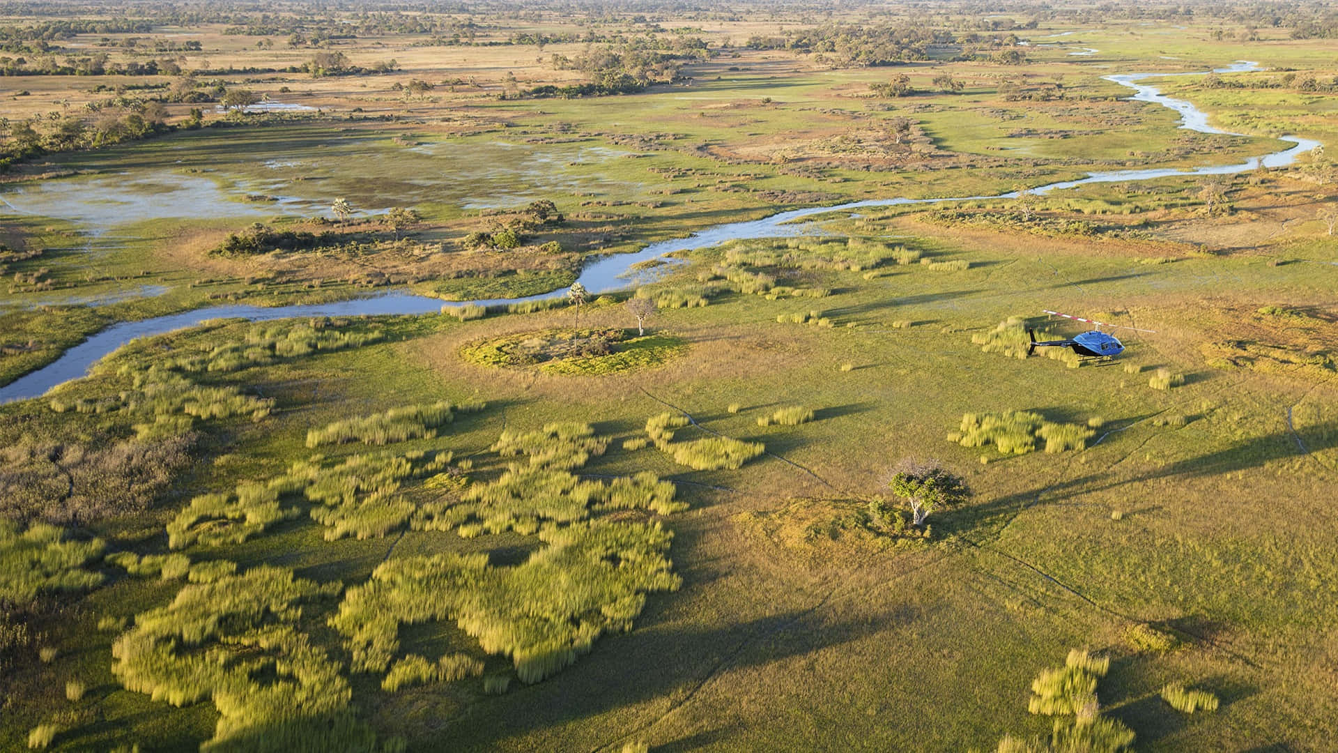 Okavango Delta, winding river, lush green wetlands, Full HD Desktop Wallpaper