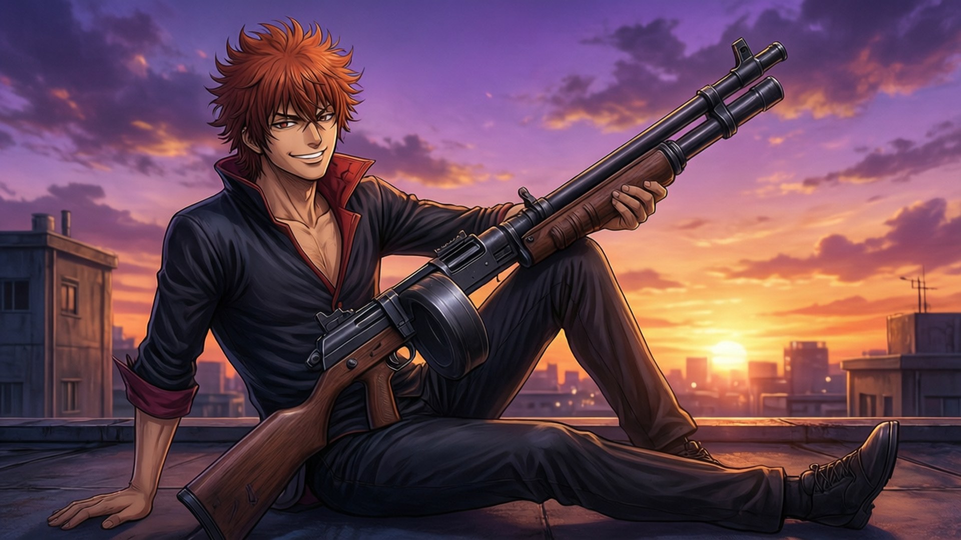 Okita Sougo, bazooka, rooftop, Full HD Desktop Wallpaper