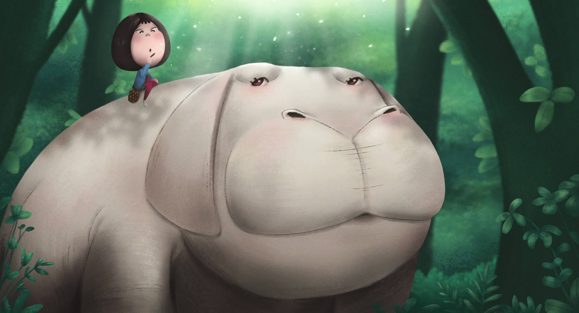 Okja, tiny girl, giant, gentle hippopotamus, Full HD Desktop Wallpaper
