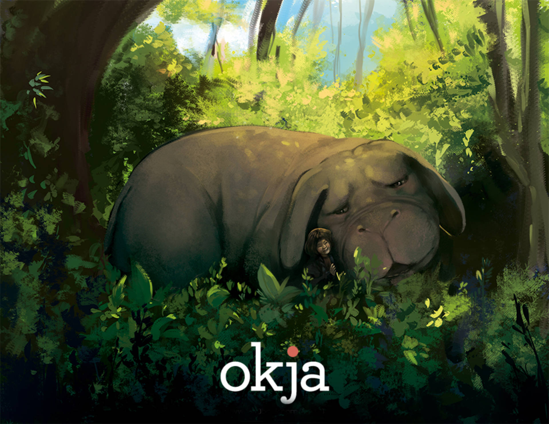 Okja, giant gentle creature, sunlit forest, Full HD Desktop Wallpaper