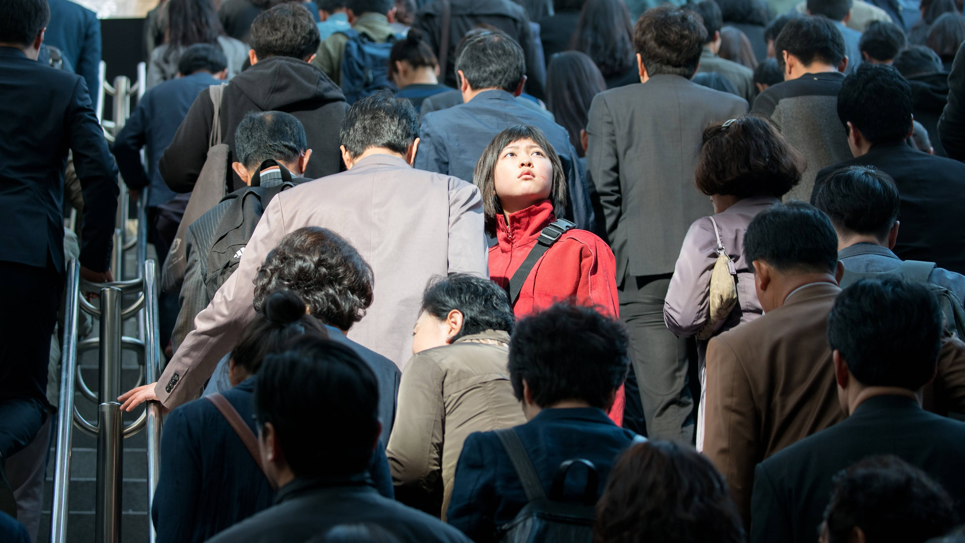 Okja, red jacket, crowd of commuters, 4K Desktop Wallpaper