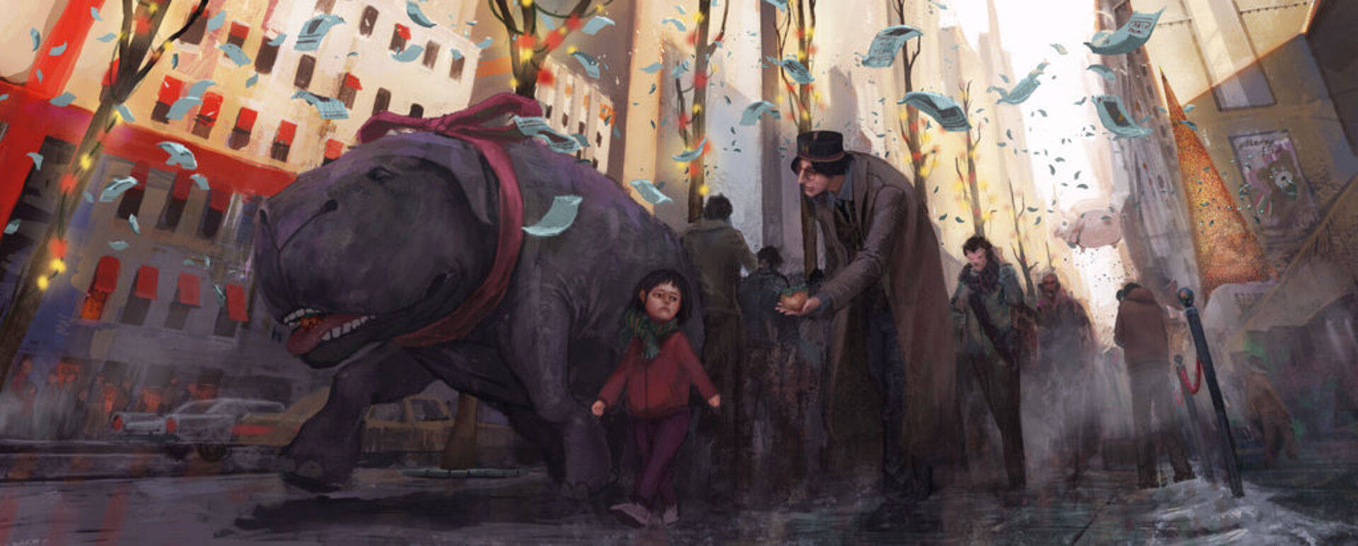 Okja, hippo, rainy city street, Full HD Desktop Wallpaper
