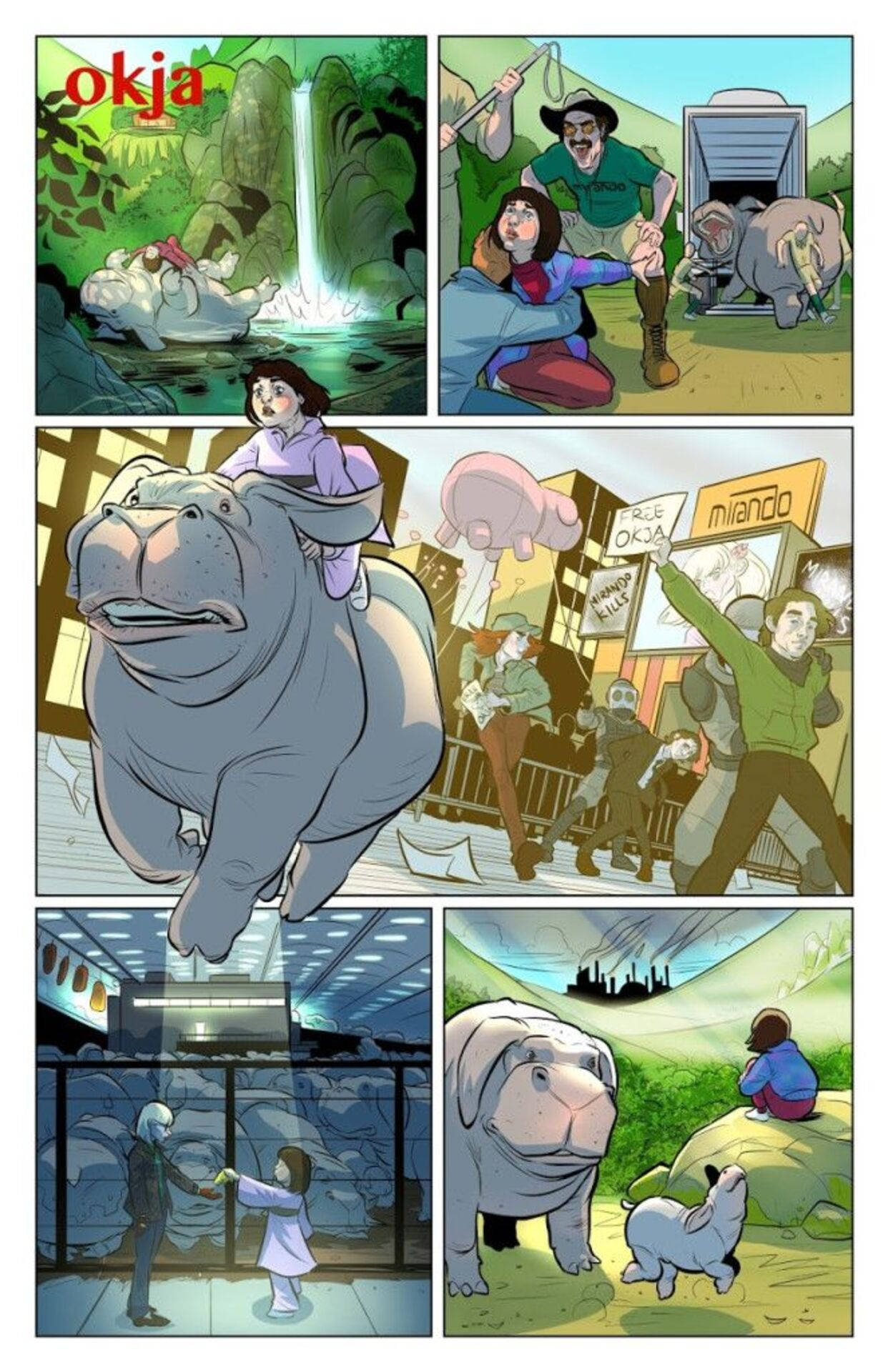 Okja, comic art, giant pigs, Full HD Phone Wallpaper