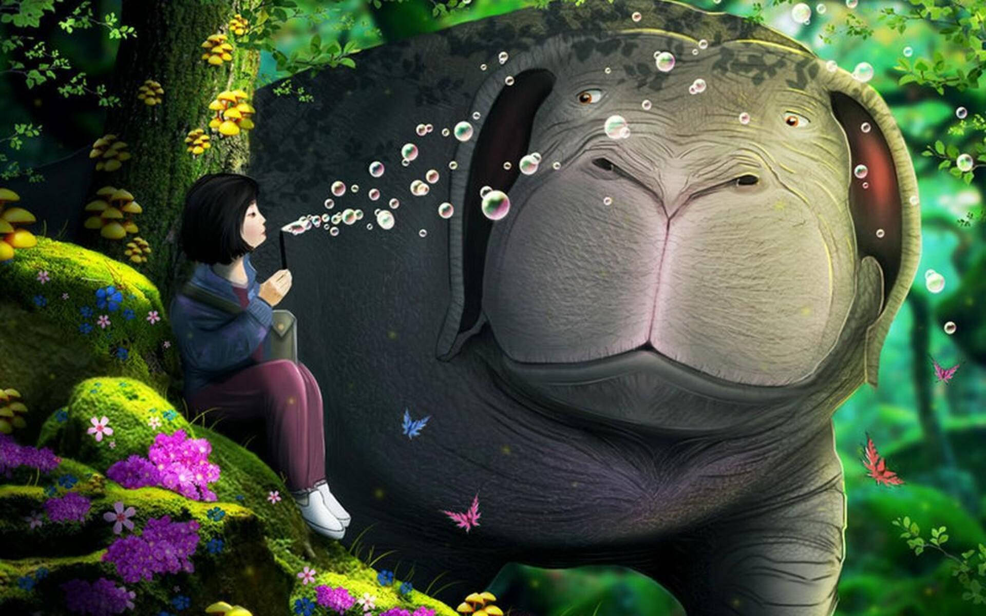 Okja, giant gentle hippo, vibrant enchanted forest, Full HD Desktop Wallpaper