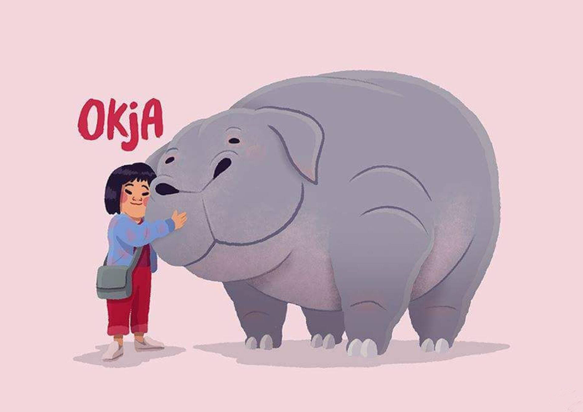 Okja, pink background, red text, Full HD Desktop Wallpaper
