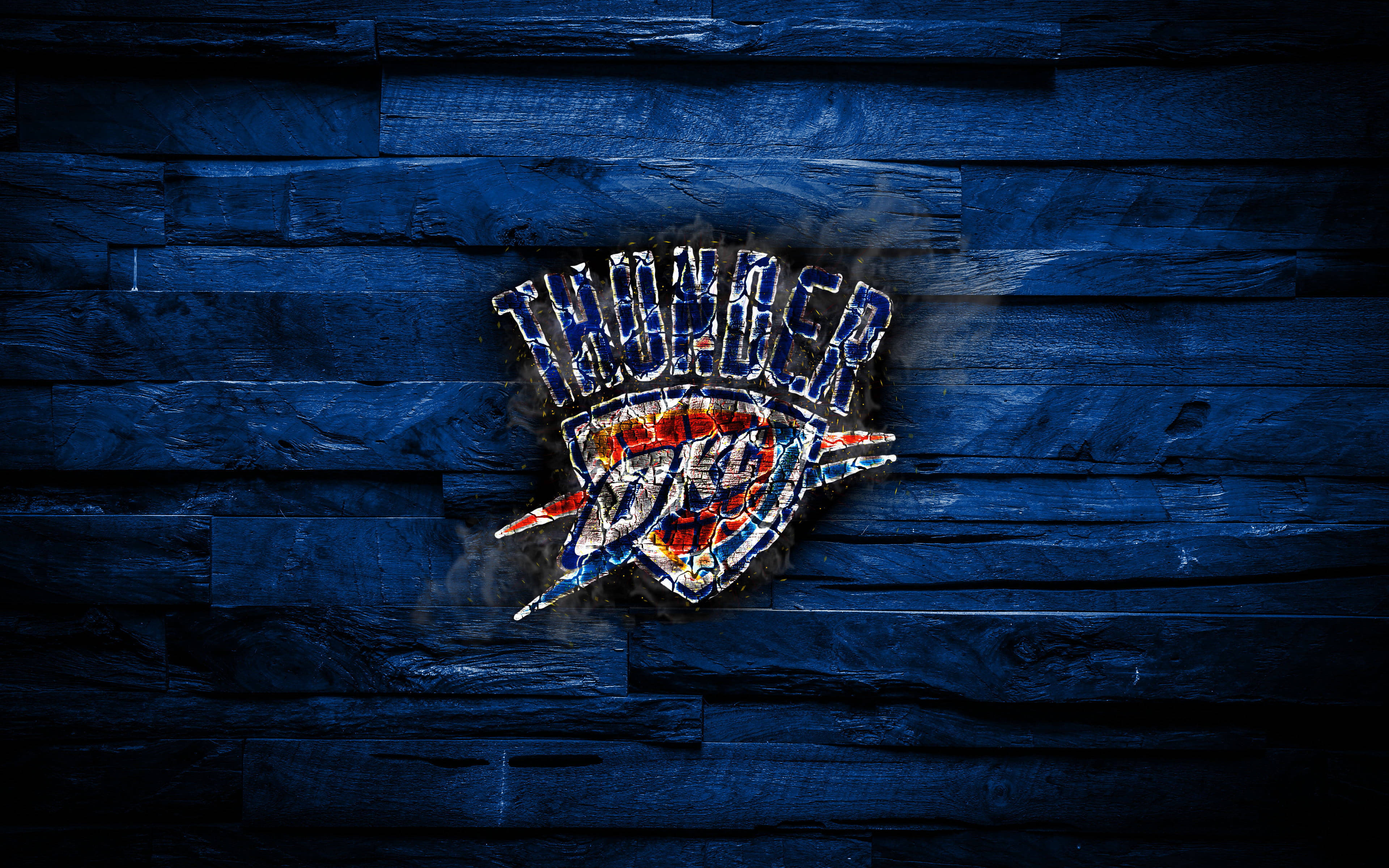 Oklahoma City Thunder, dark blue wooden wall, smoke effects, 4K Desktop Wallpaper