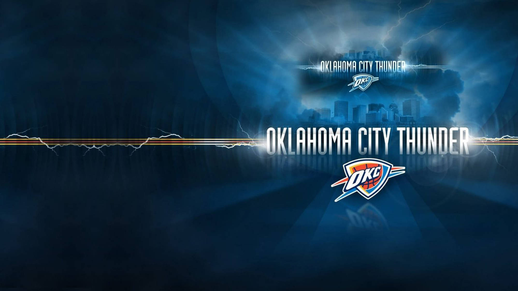 Oklahoma City Thunder, electric blue lightning, stormy city skyline, Full HD Desktop Wallpaper