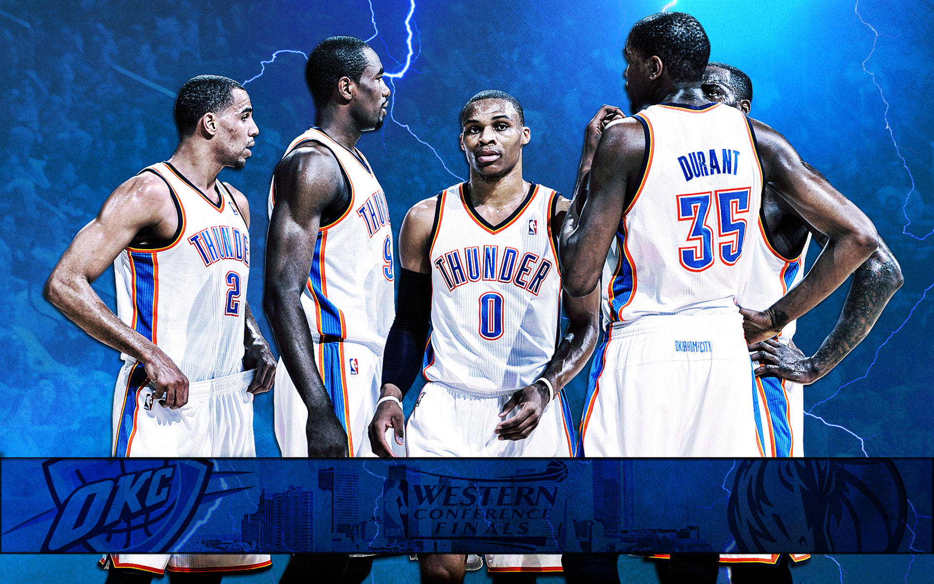 Oklahoma City Thunder, white jerseys, blue lightning background, Full HD Desktop Wallpaper