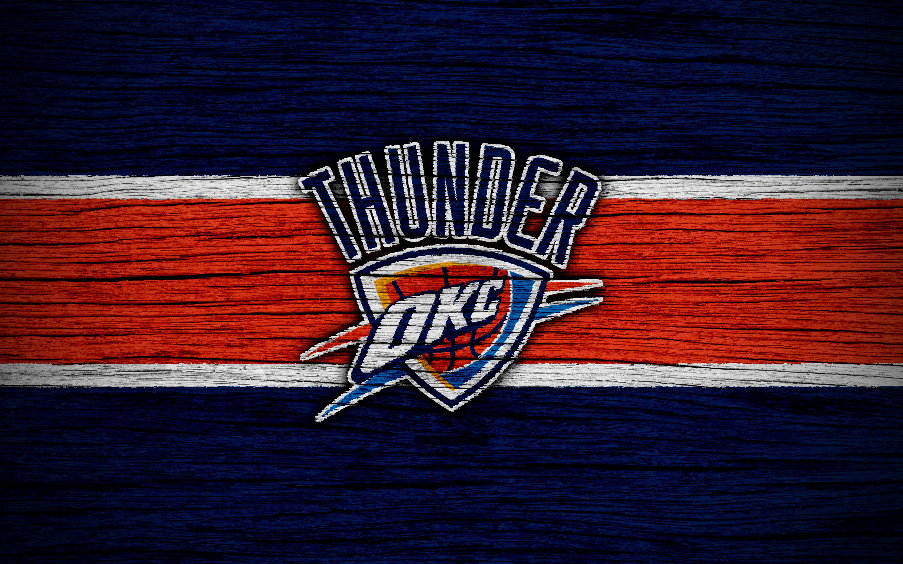 Oklahoma City Thunder, logo, textured blue and red striped fabric background, 4K Desktop Wallpaper