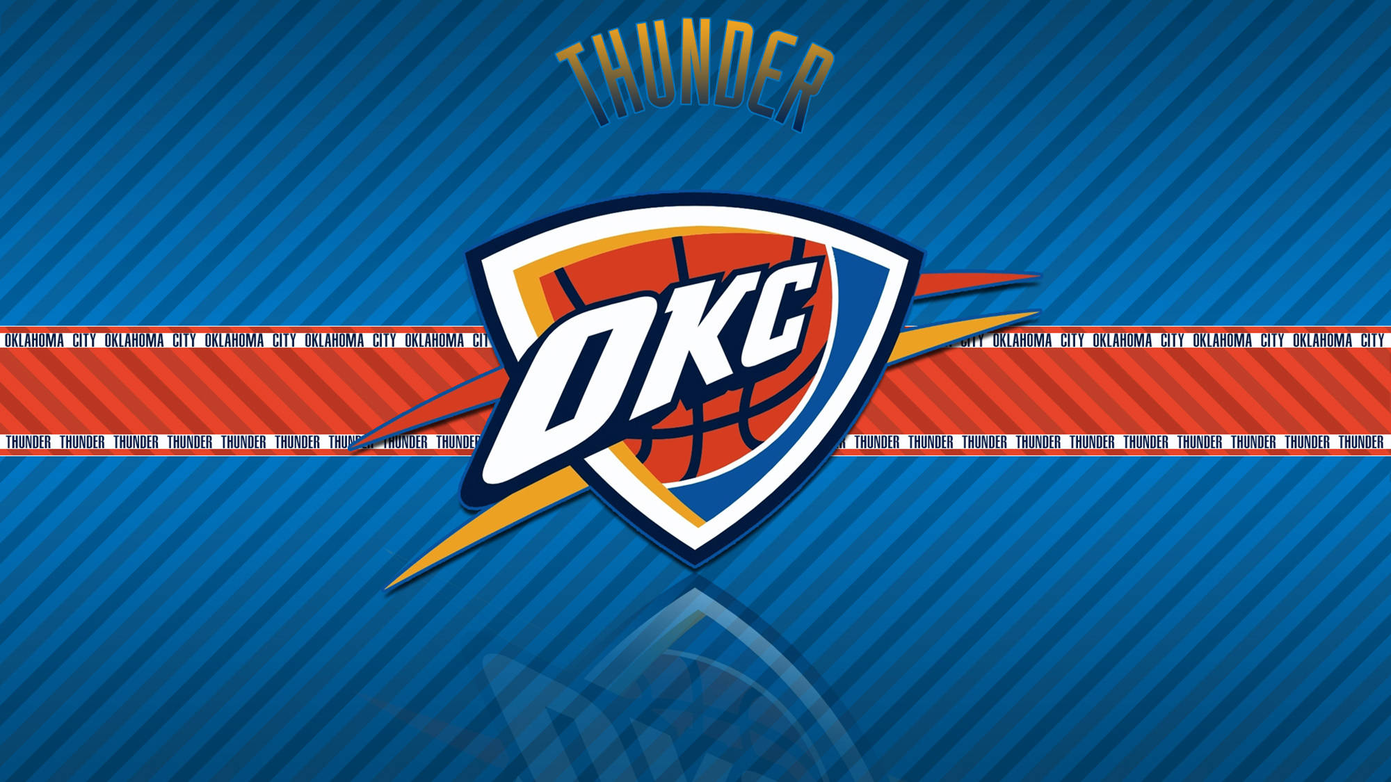 Oklahoma City Thunder, blue diagonal striped background, repeating team name banners, Full HD Desktop Wallpaper