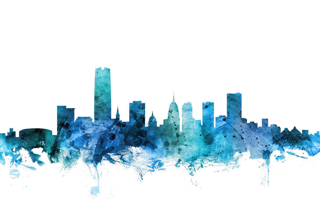 Oklahoma City Blue, watercolor splash, city skyline silhouette, SD Desktop Wallpaper