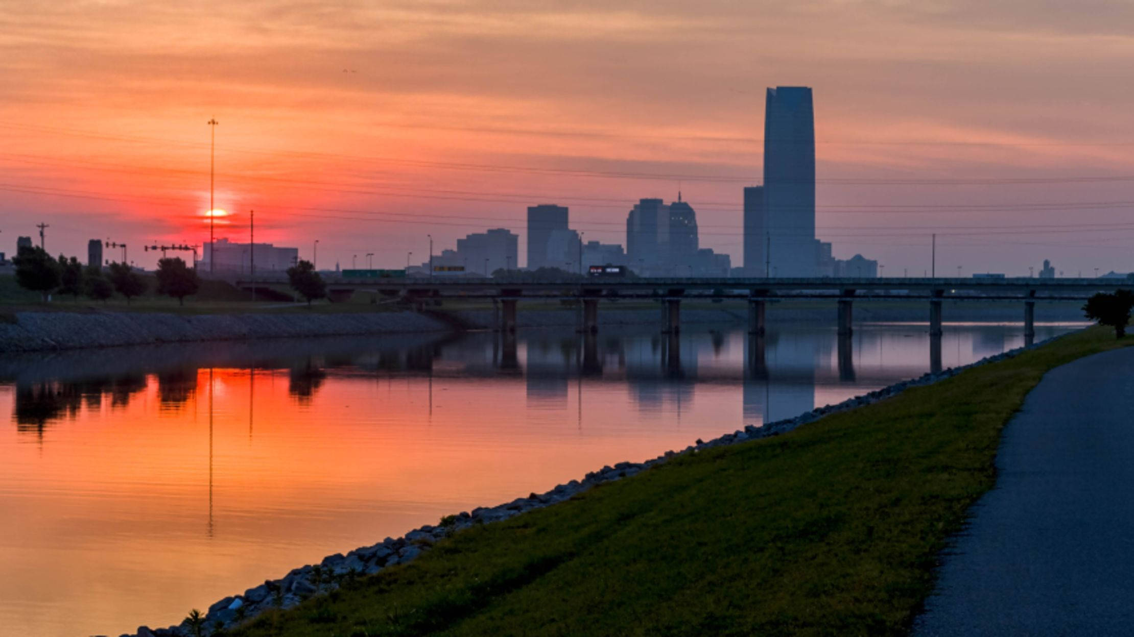 Oklahoma City, sunset, city skyline, Full HD Desktop Wallpaper