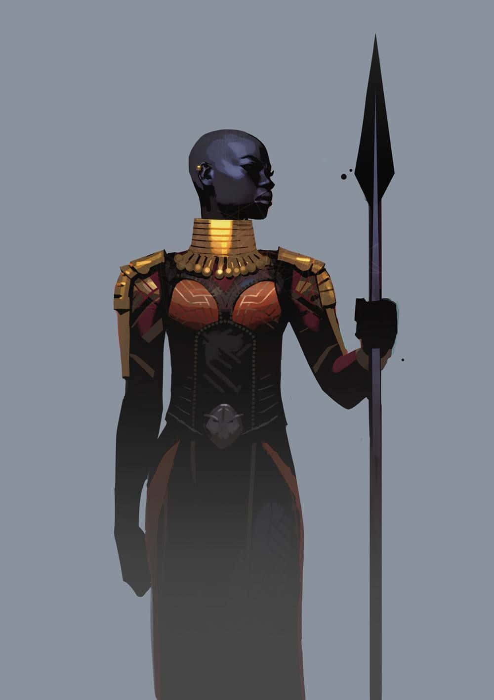 Okoye, gold and black armor, spear, HD Phone Wallpaper
