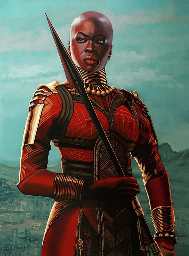 Okoye, red and gold armor, spear, SD Phone Wallpaper