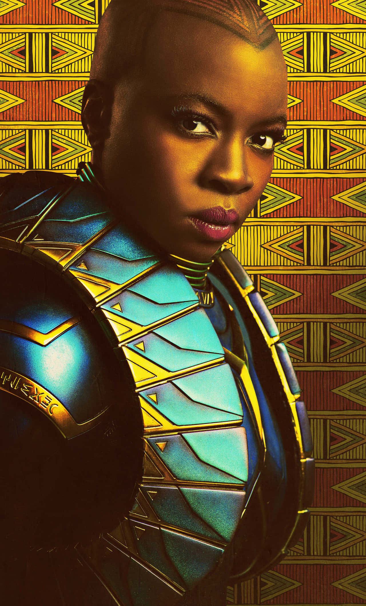 Okoye, blue and gold armored suit, vibrant geometric patterned background, Full HD Phone Wallpaper