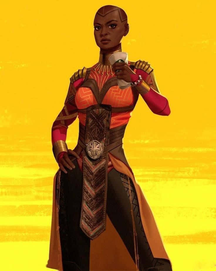 Okoye, red gold and black armor, radiant yellow background, SD Phone Wallpaper