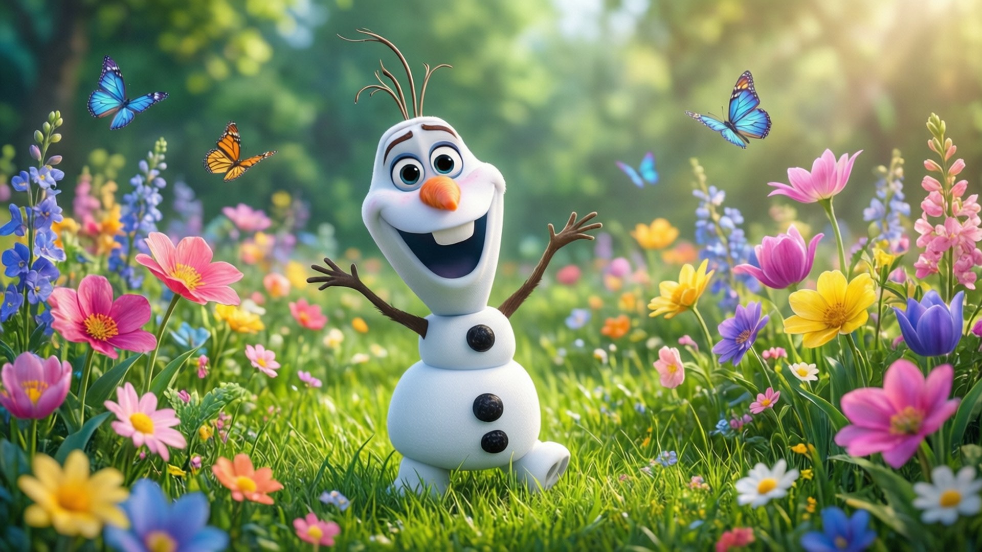 Olaf, spring flowers, sunlit meadow, Full HD Desktop Wallpaper