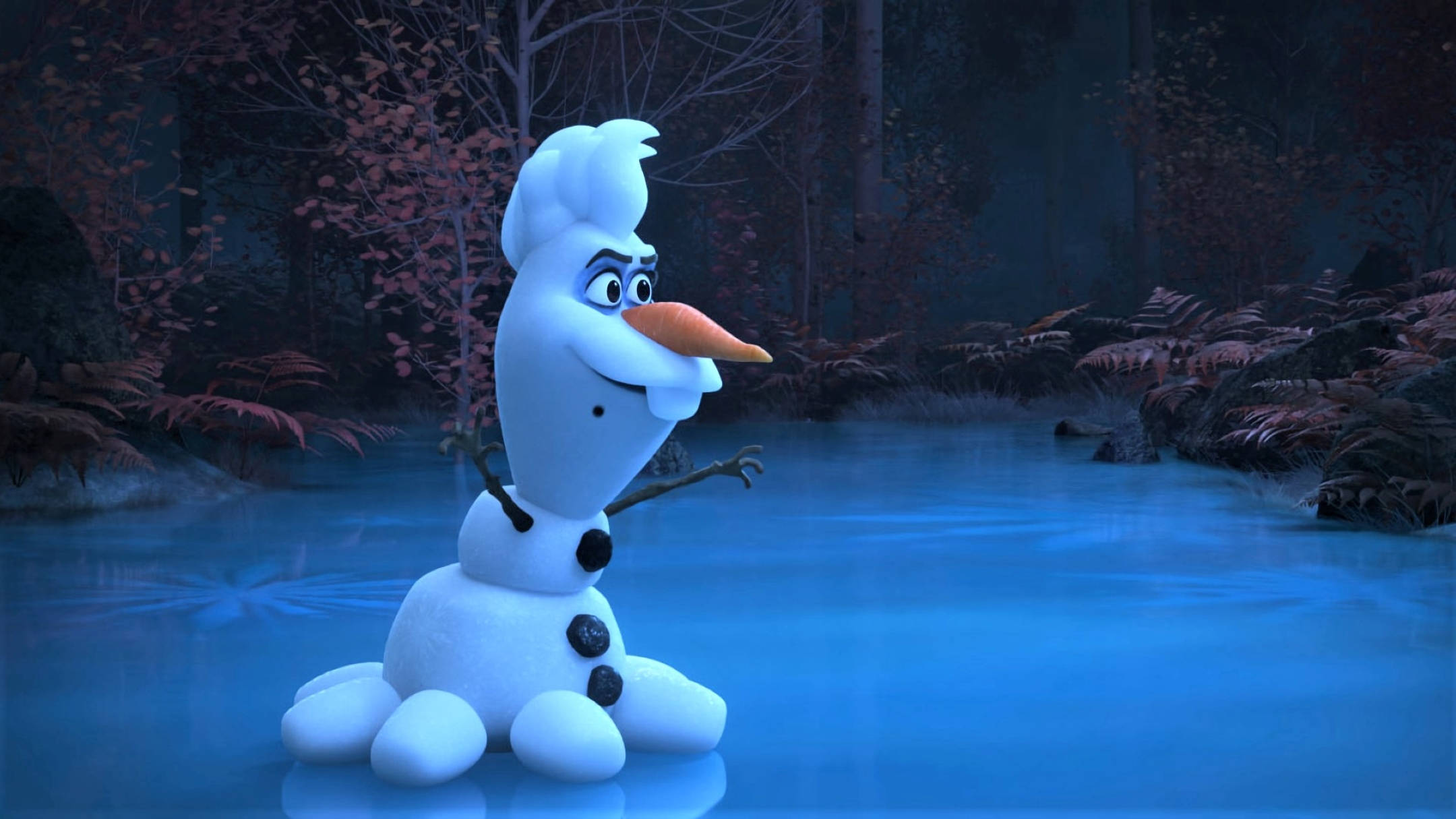 Olaf, carrot nose, glowing blue pond, Full HD Desktop Wallpaper