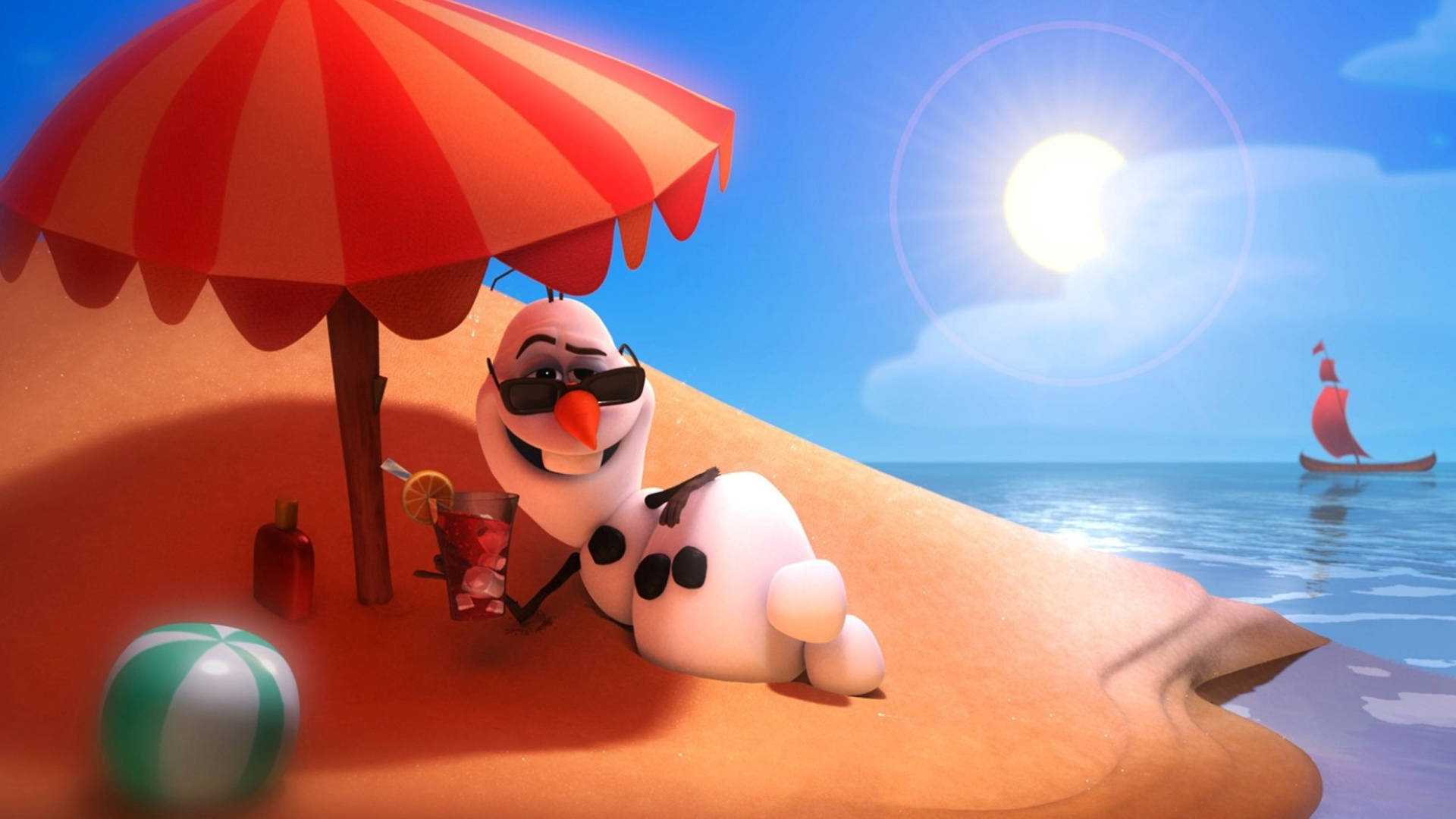 Olaf, red umbrella, sunny beach, Full HD Desktop Wallpaper