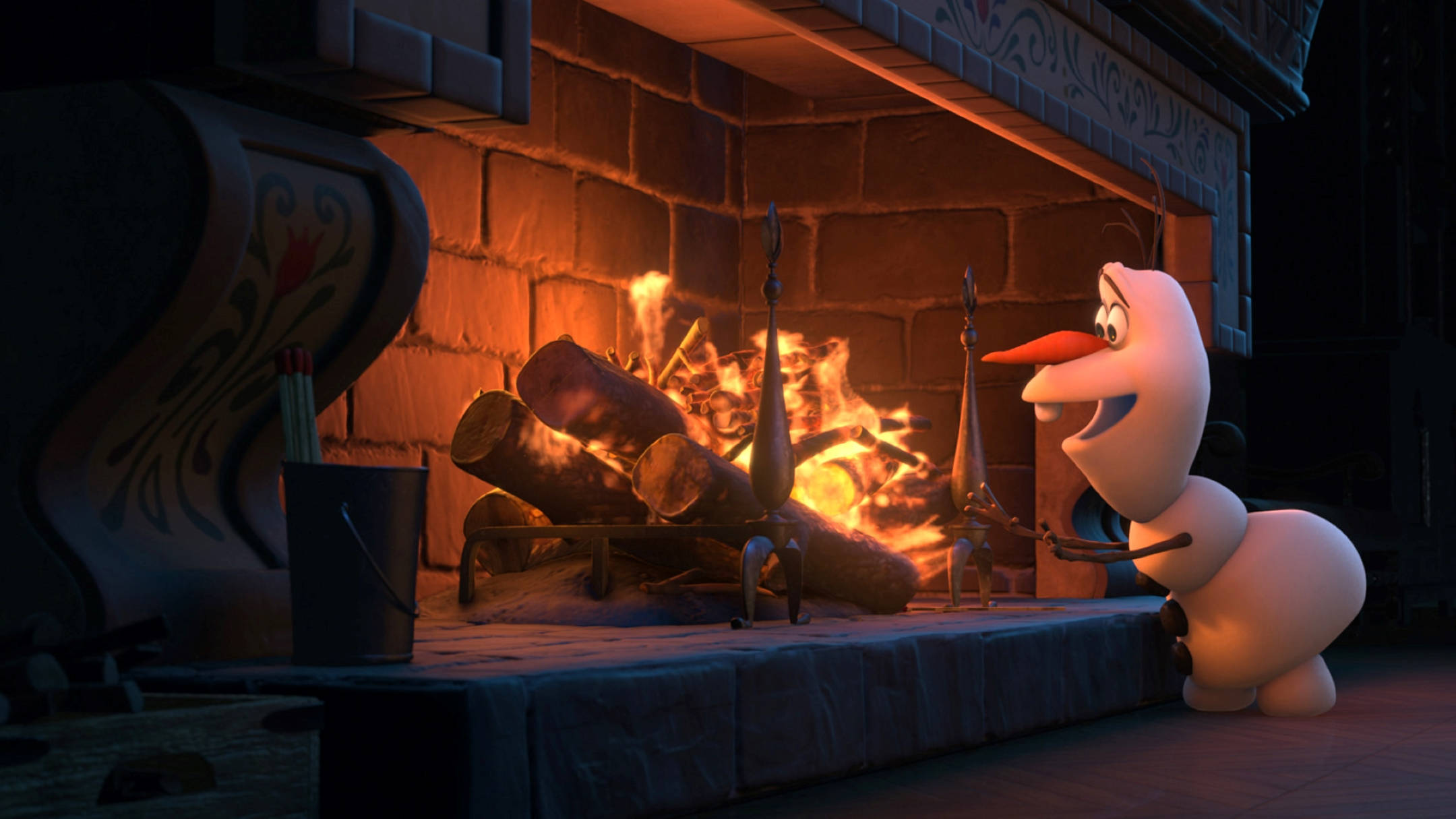 Olaf, fireplace, cozy stone-walled room, Full HD Desktop Wallpaper