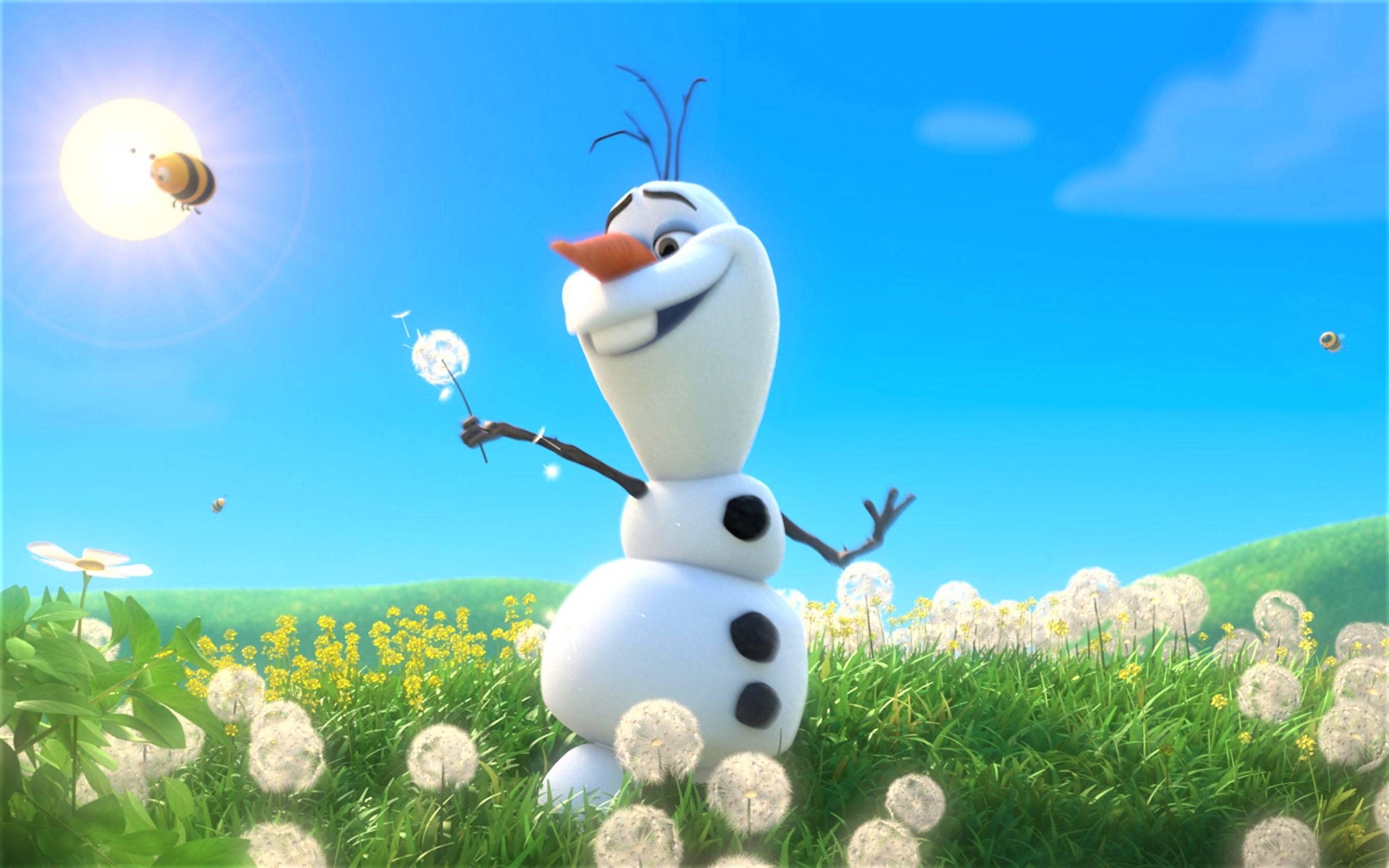 Olaf, dandelions, yellow flowers, 2K Desktop Wallpaper