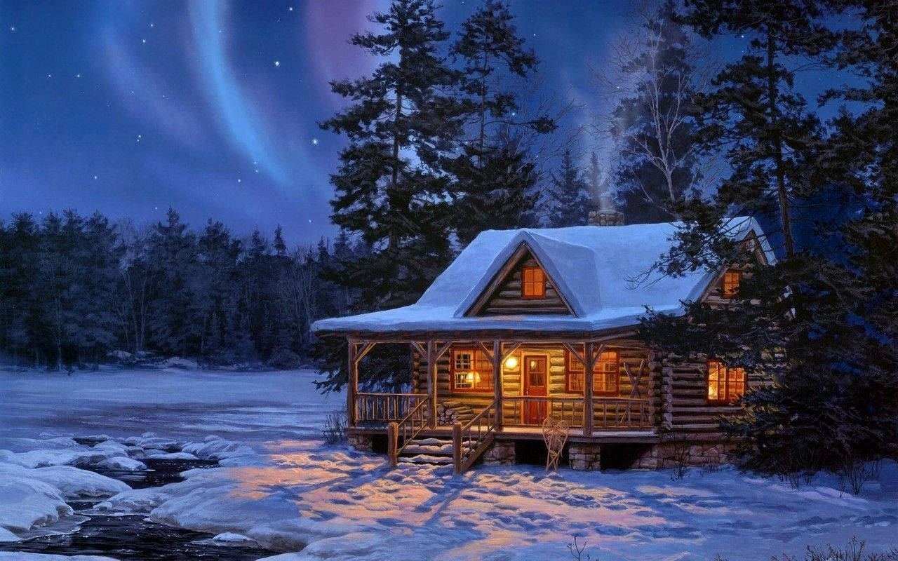 Old Aesthetic Christmas, snow-covered log cabin, starry night sky, HD Desktop Wallpaper