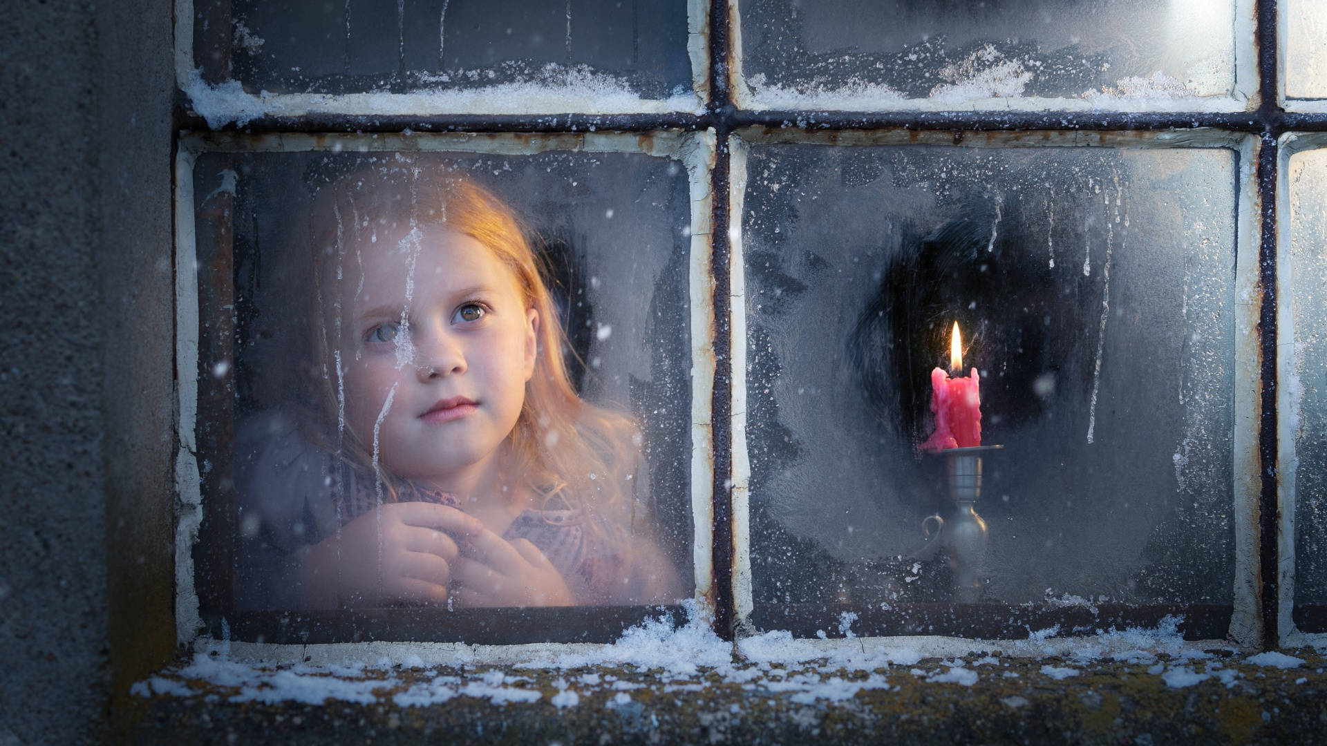 red hair, frosty window, snow falls, Full HD Desktop Wallpaper