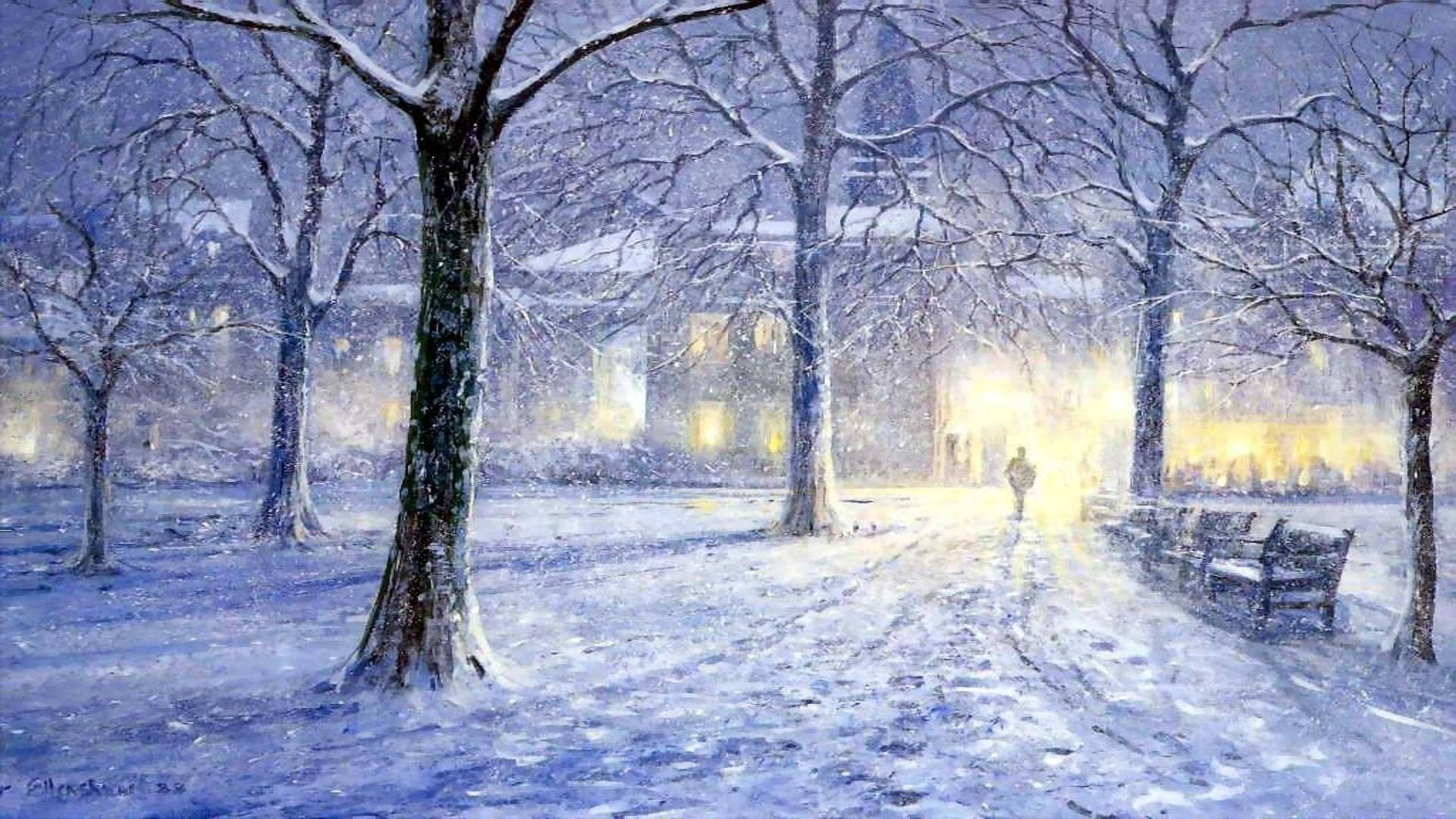Old Aesthetic Christmas, snow-covered park, night, Full HD Desktop Wallpaper
