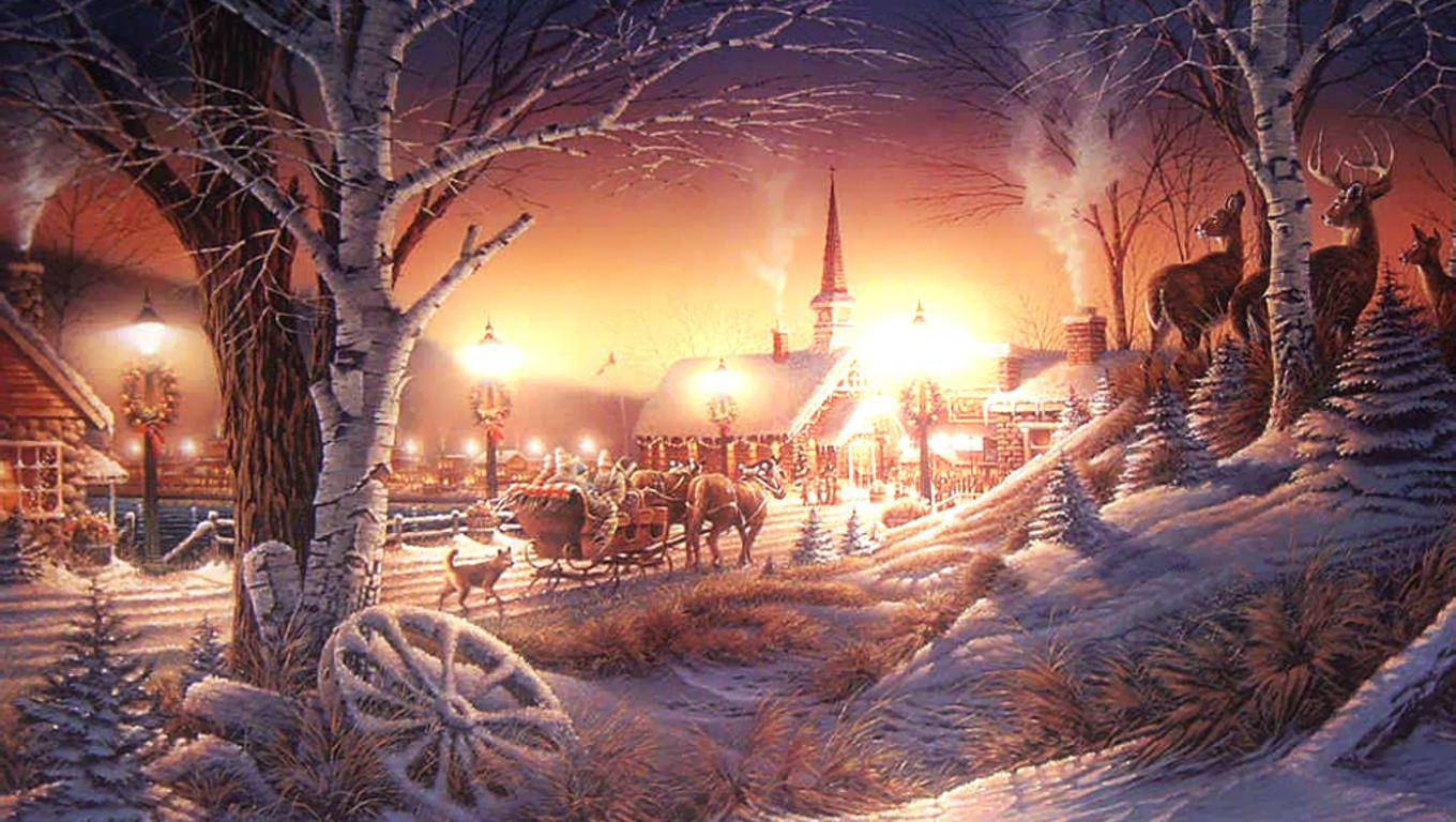 Old Aesthetic Christmas, snowy village, dusk, HD Desktop Wallpaper