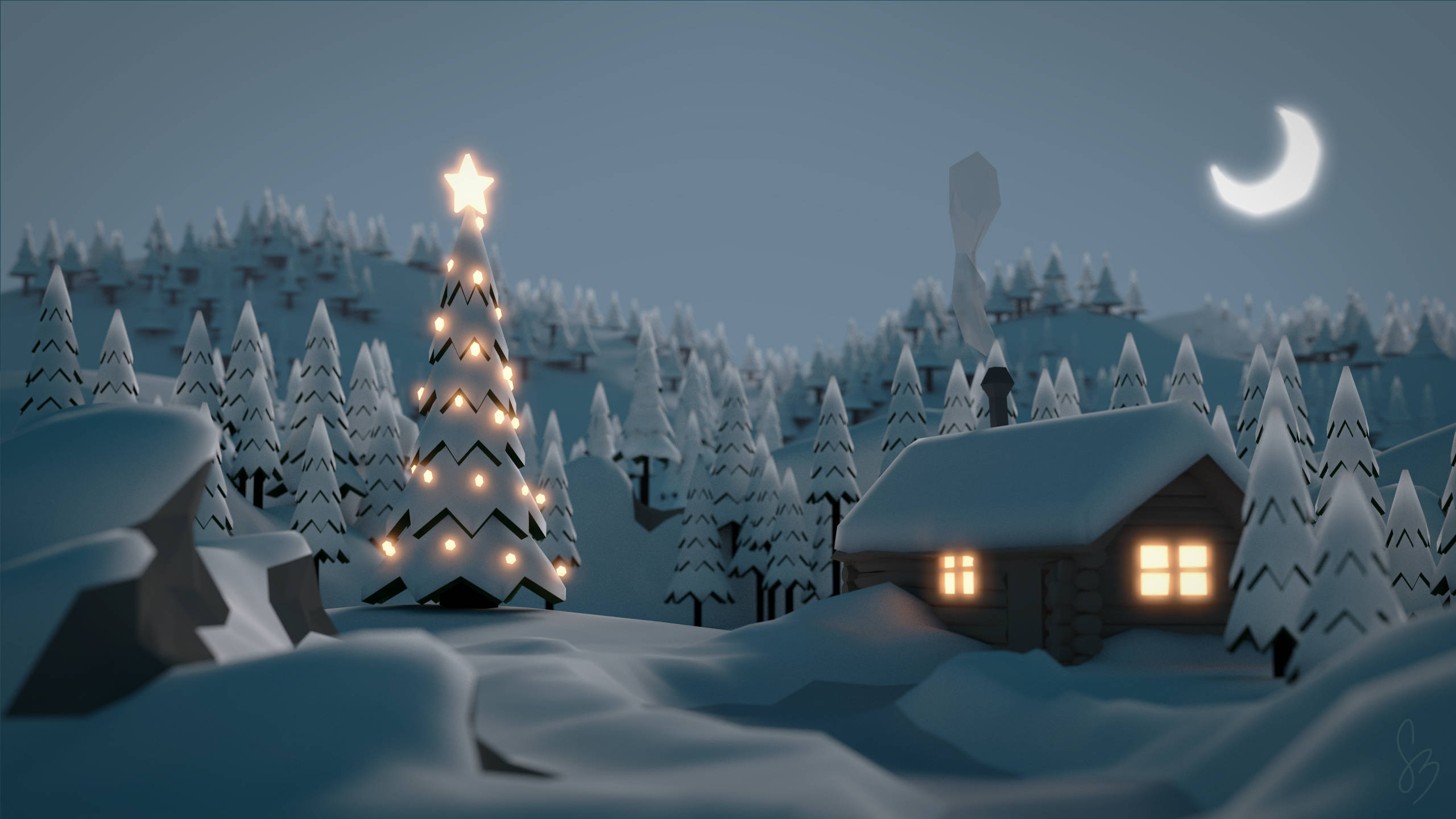 Old Aesthetic Christmas, cabin, Christmas tree, 2K Desktop Wallpaper