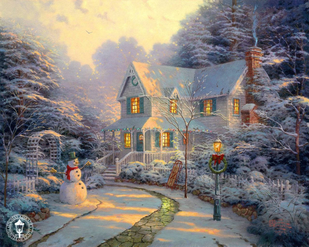 Old Aesthetic Christmas, snow-covered cottage, golden sunset, HD Desktop Wallpaper