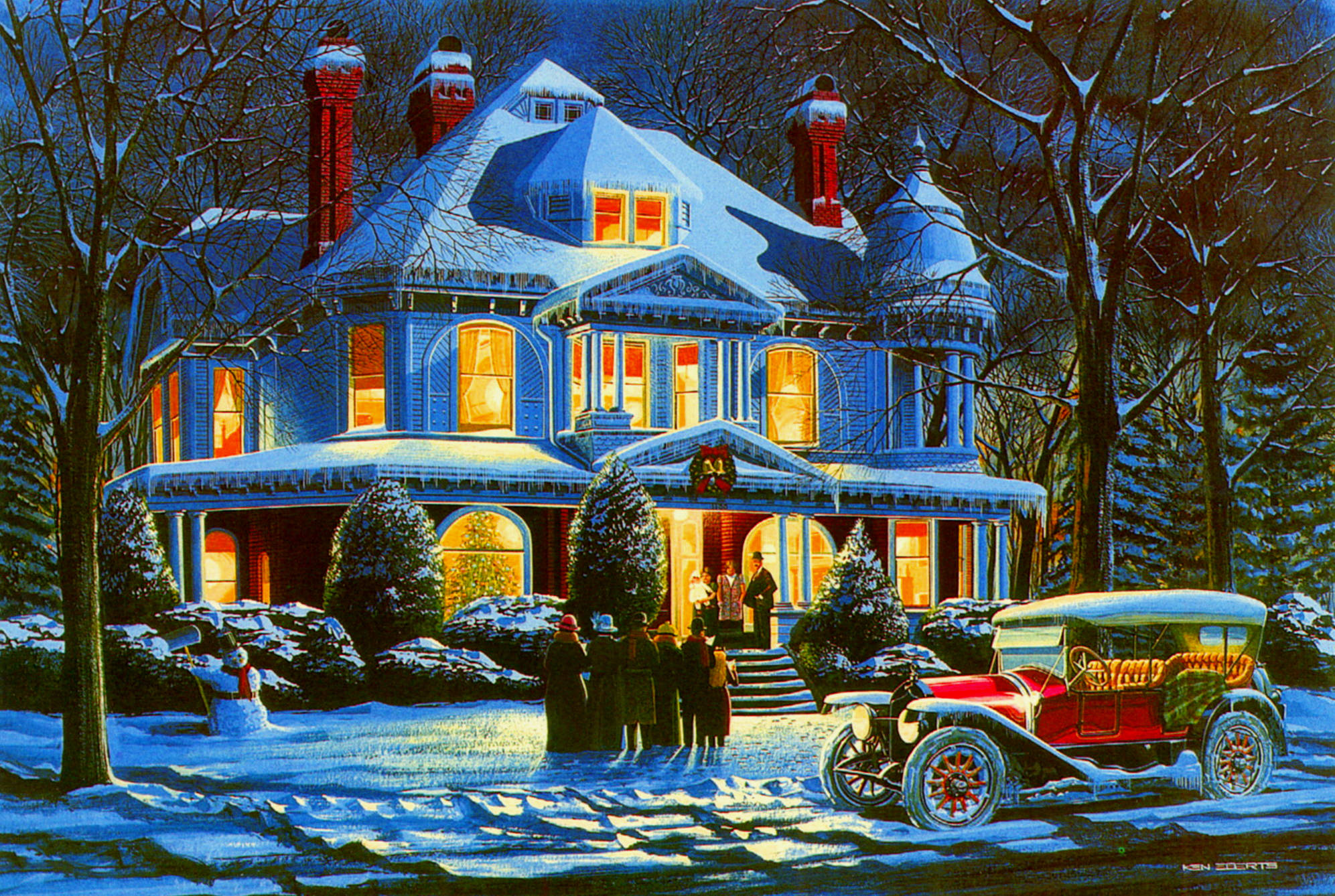 Victorian house, snow, night, Full HD Desktop Wallpaper