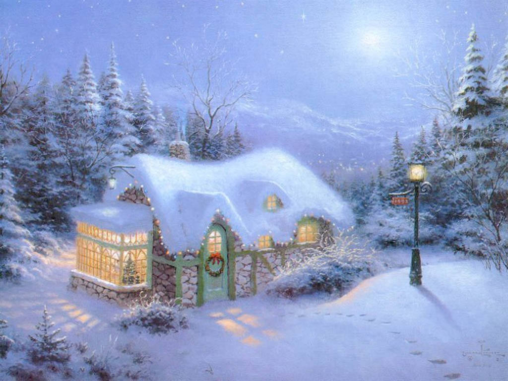 Old Aesthetic Christmas, snow-covered cottage, starry winter night sky, SD Desktop Wallpaper
