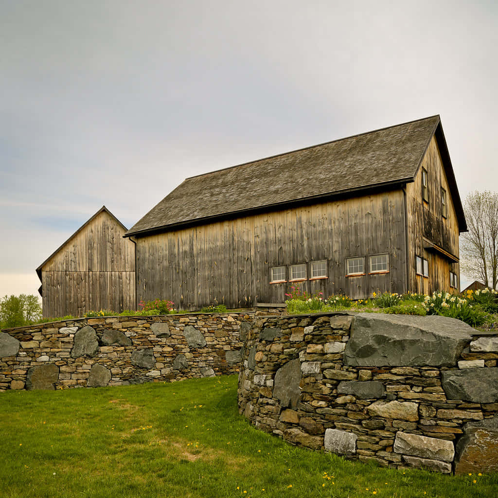 Old Barn, weathered wooden barn, stone wall, SD Desktop Wallpaper