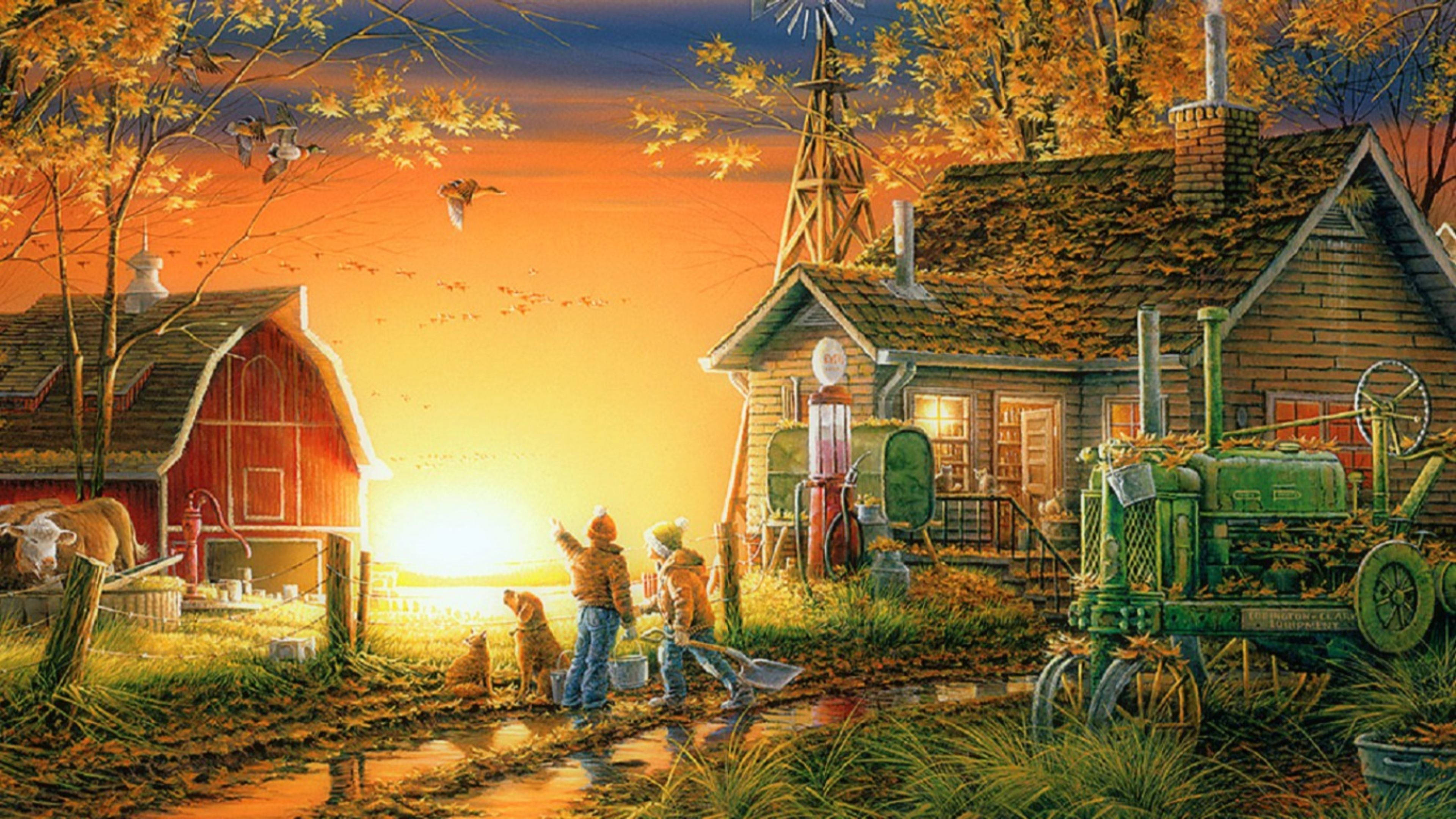 farmhouse, red barn, green tractor, 4K Desktop Wallpaper