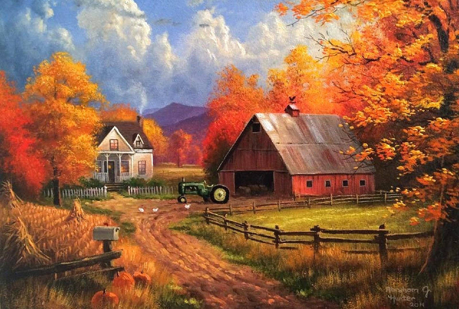 red barn, green tractor, pumpkin patch, HD Desktop Wallpaper