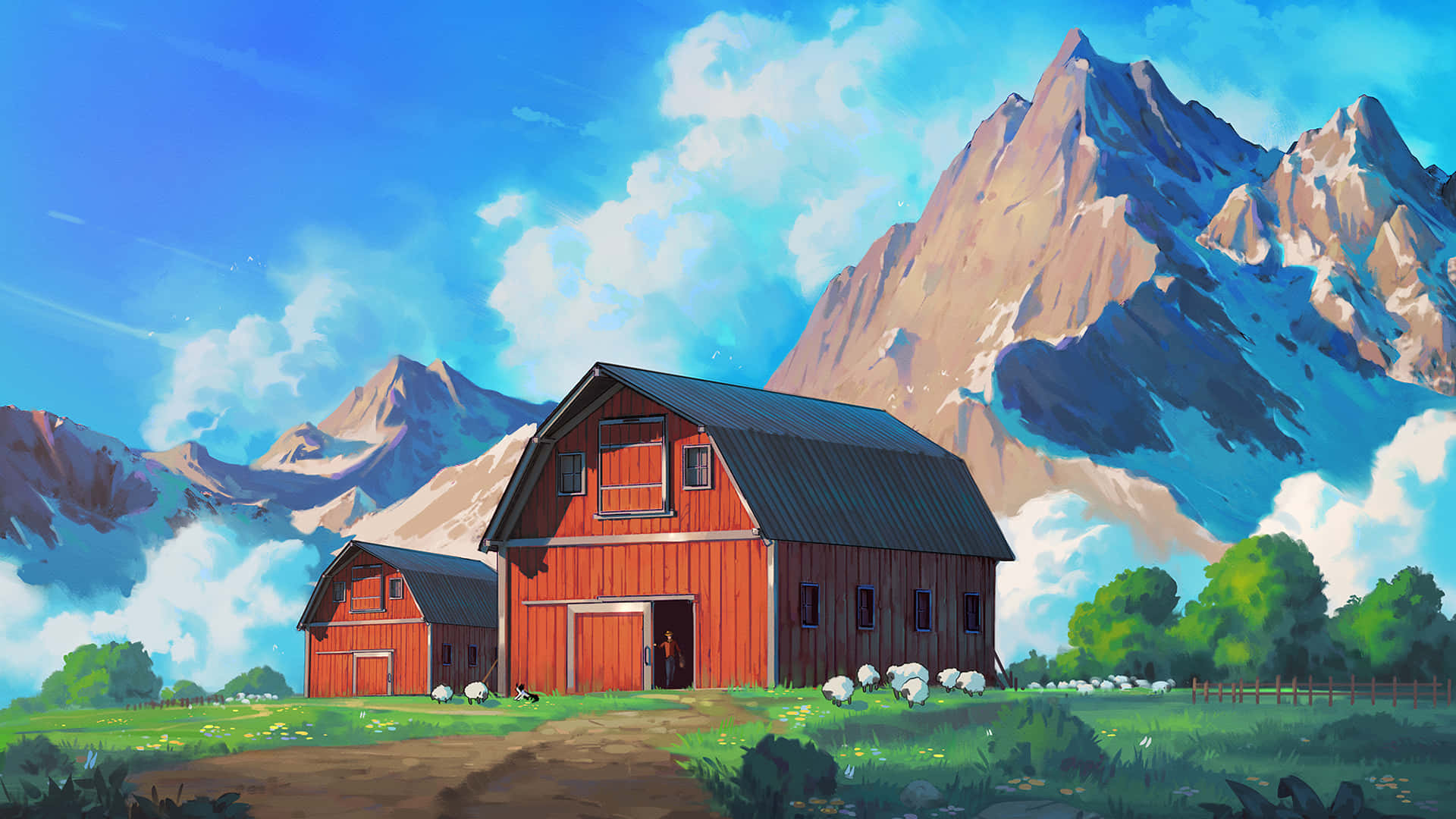 red barn, sheep grazing, green field, Full HD Desktop Wallpaper