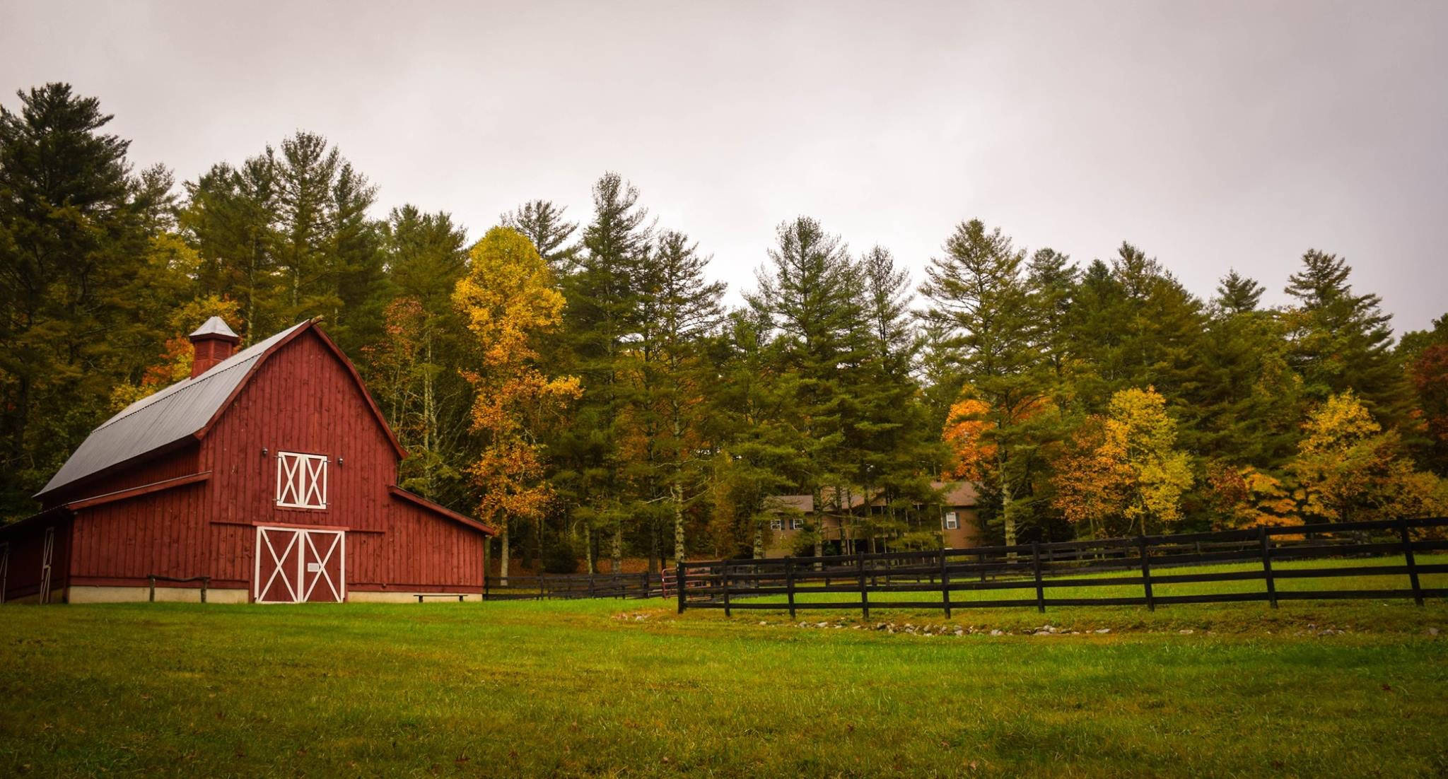 classic red painted barn, white trim, grassy field, Full HD Desktop Wallpaper