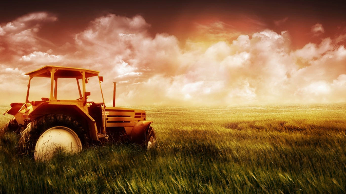 vintage yellow tractor, golden field, dramatic sunset sky, HD Desktop Wallpaper