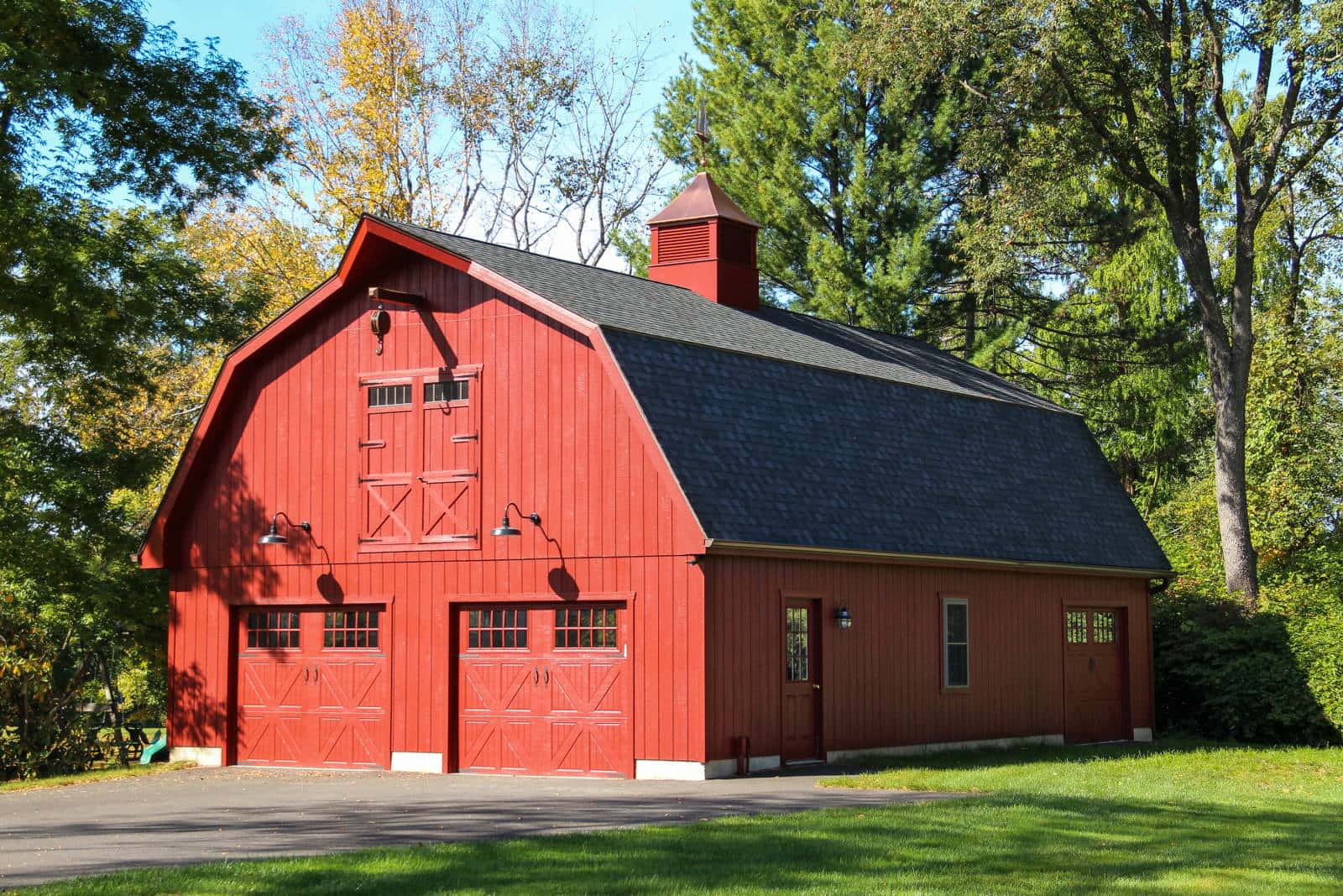 hot red gambrel barn, black roof, cupola, HD Desktop Wallpaper