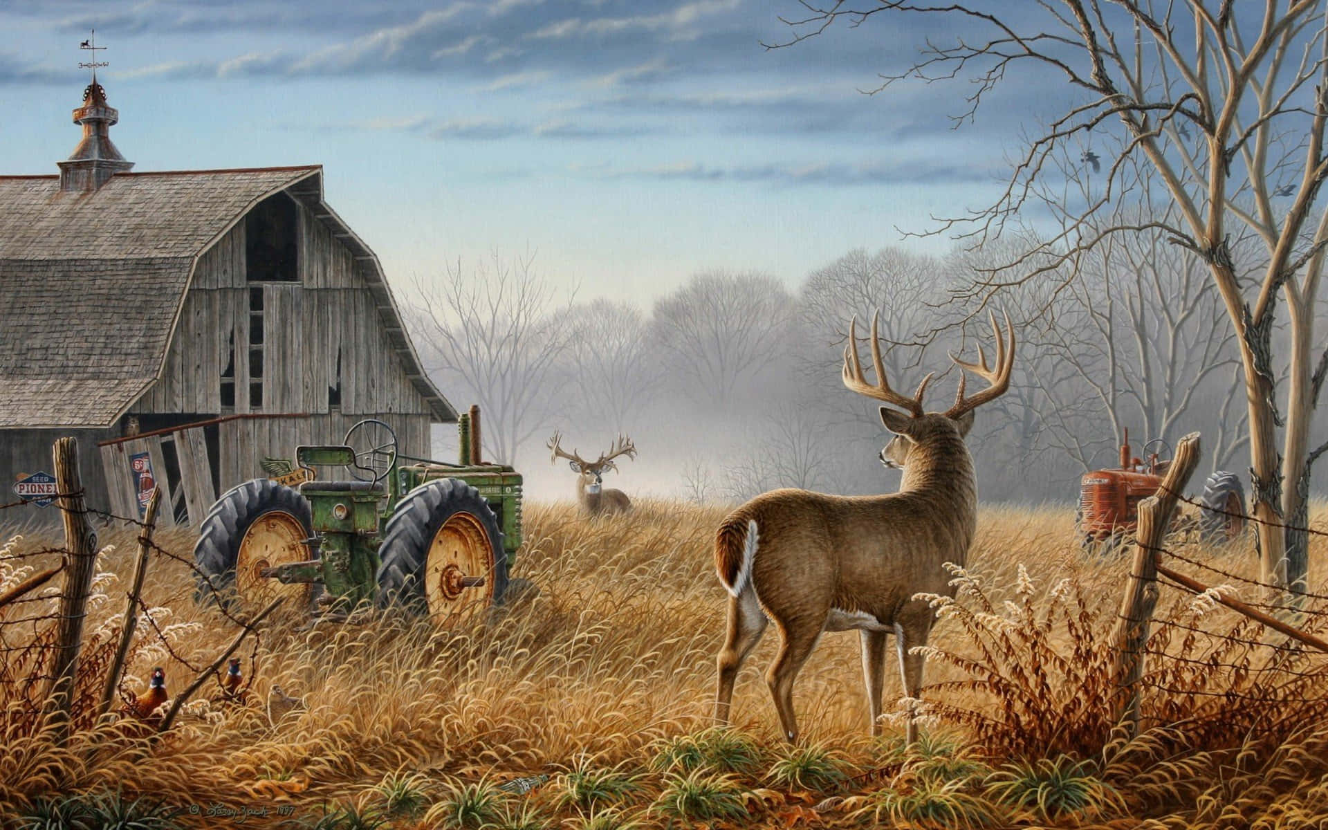 abandoned old barn, vintage tractors, weathered barn, Full HD Desktop Wallpaper