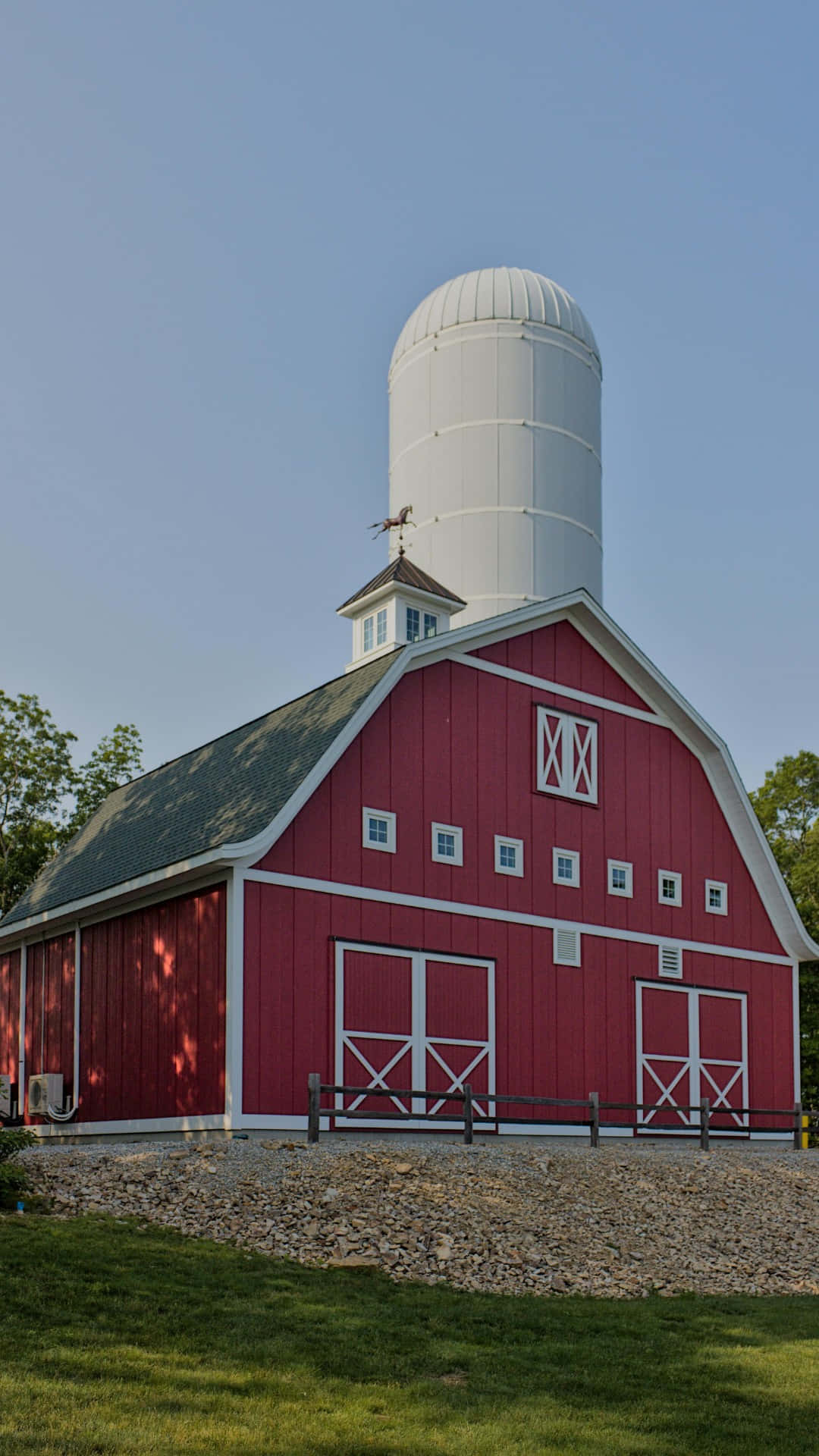 classic red barn, white trim, tall white silo, Full HD Phone Wallpaper