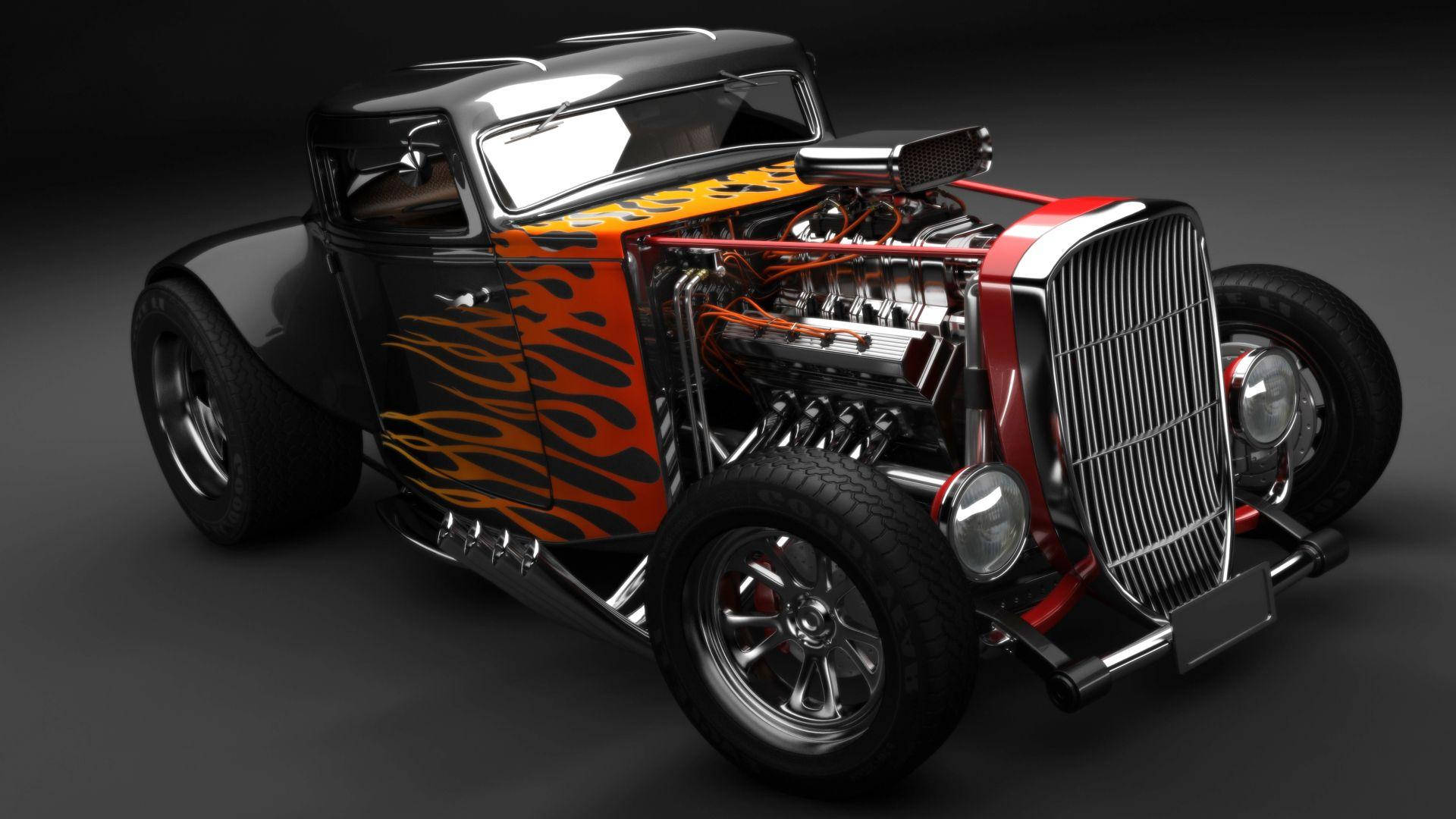 black hot rod, orange flame decals, exposed engine, Full HD Desktop Wallpaper