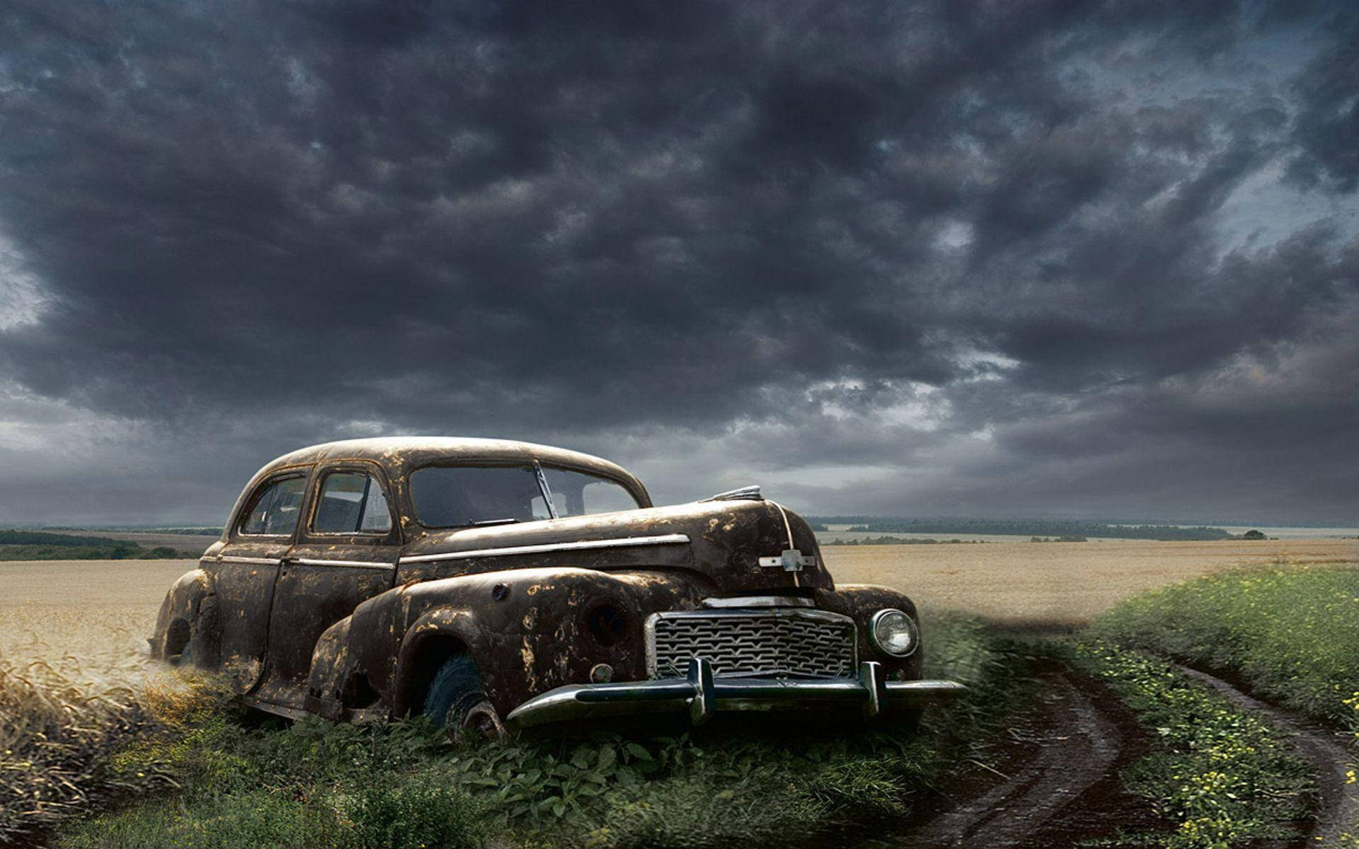 abandoned old car, vintage car, field, Full HD Desktop Wallpaper