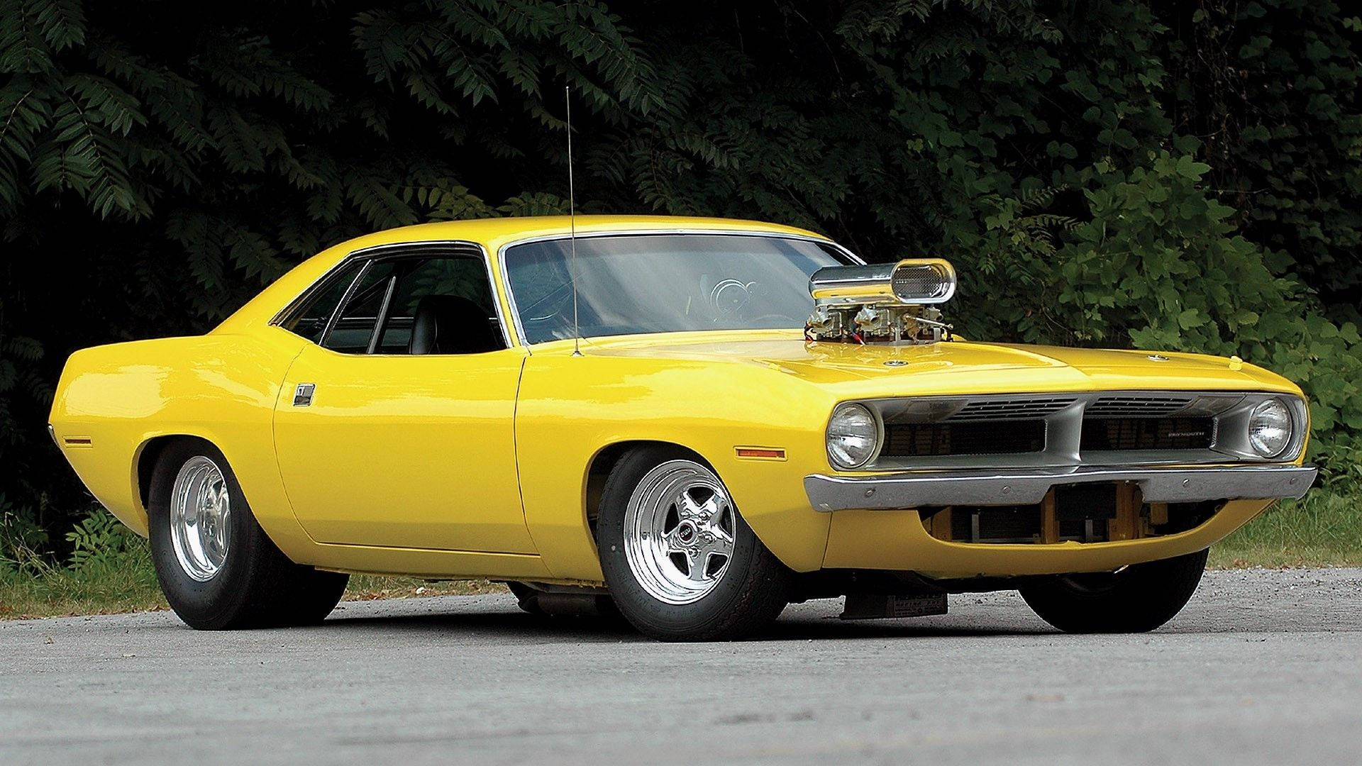 1970 Plymouth HEMI Cuda, bright yellow, chrome supercharger, Full HD Desktop Wallpaper