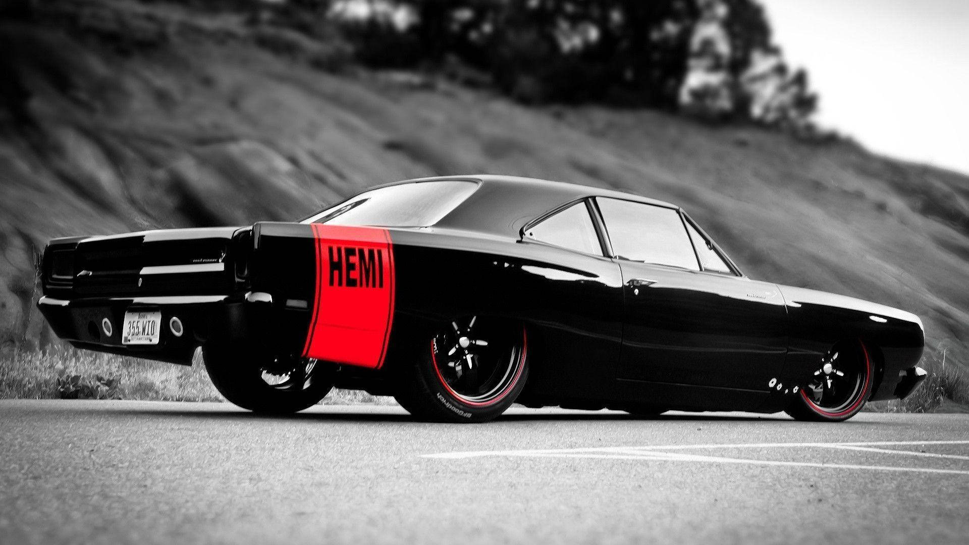 black, classic muscle car, red HEMI stripe, Full HD Desktop Wallpaper
