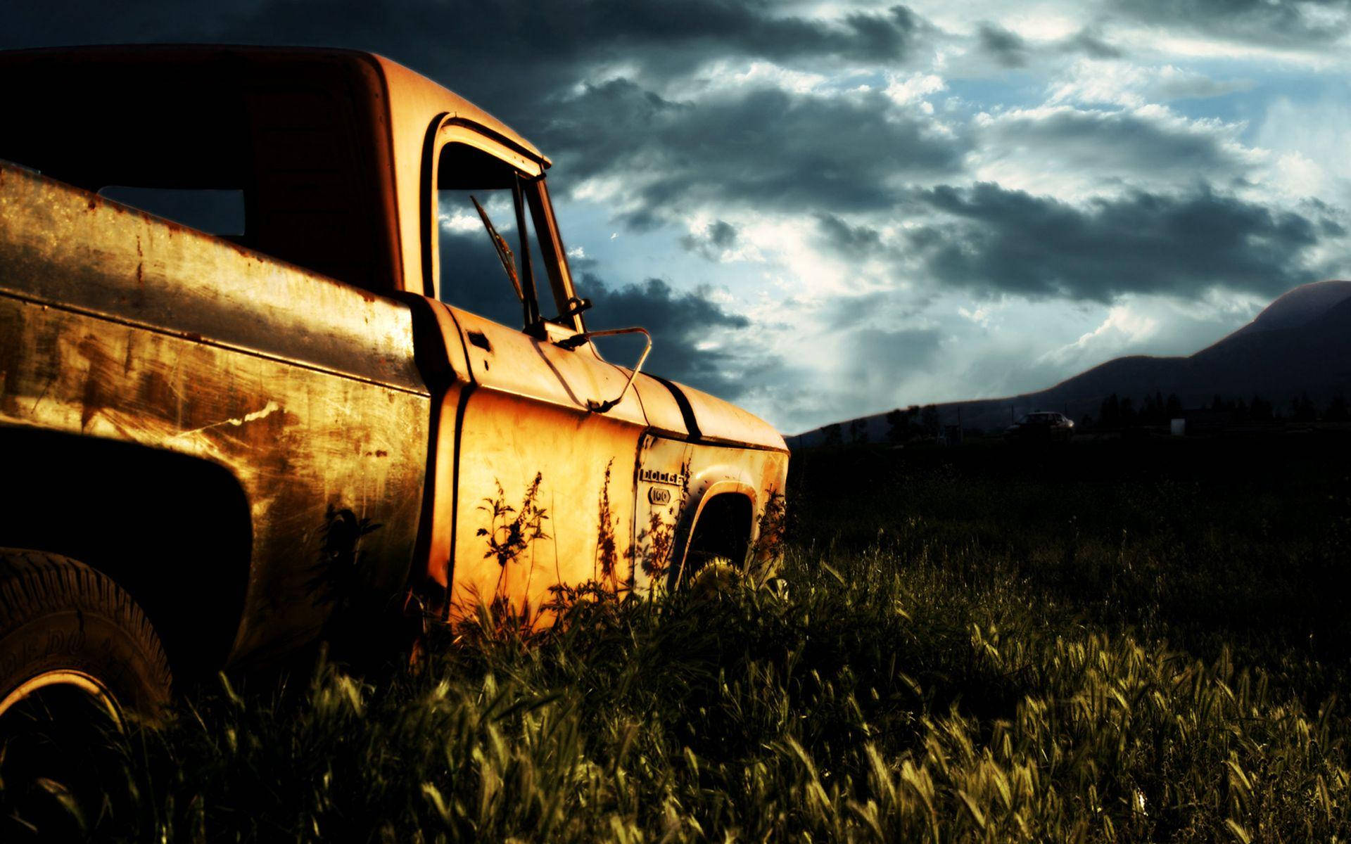 vintage truck, tall grass, cloudy sky, Full HD Desktop Wallpaper