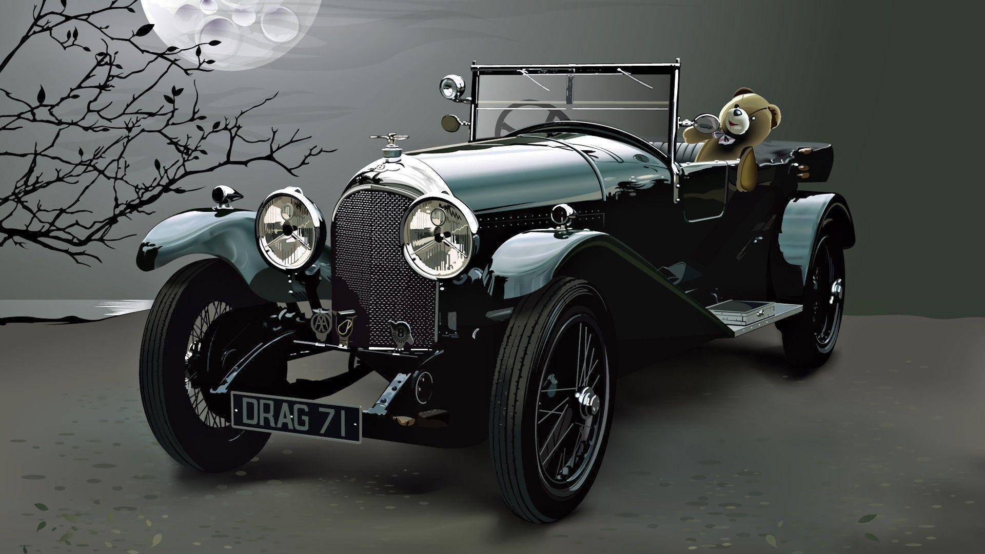 vintage black convertible car, teddy bear, driver's seat, Full HD Desktop Wallpaper