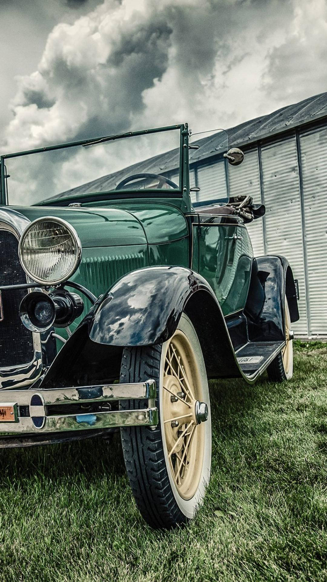 old classic green car, convertible, cream wheels, Full HD Phone Wallpaper