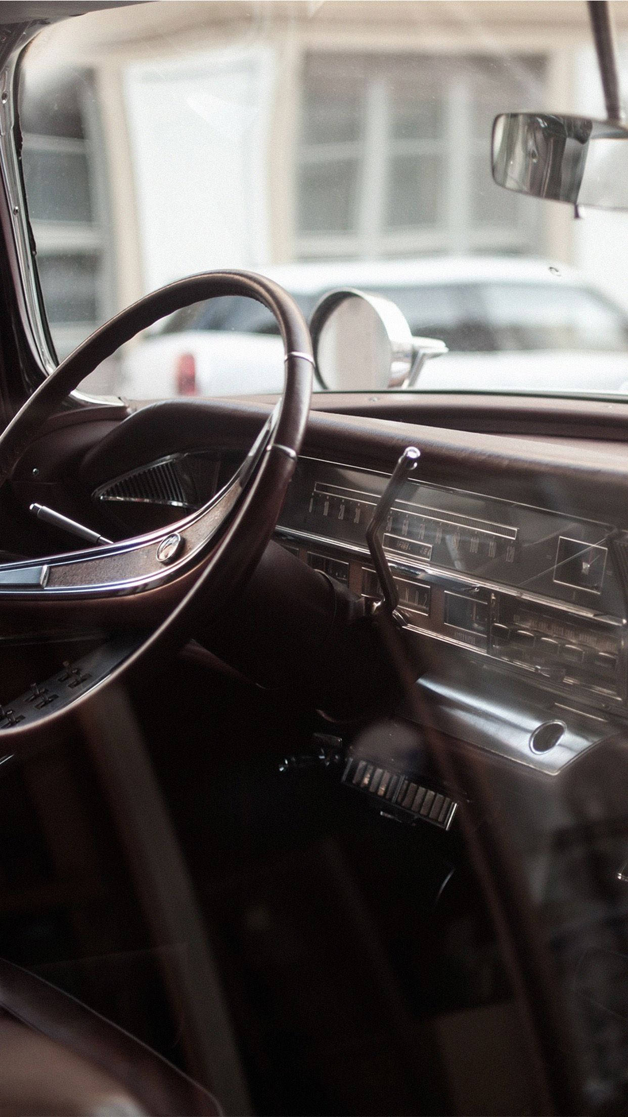 vintage car, wooden steering wheel, chrome dashboard, Full HD Phone Wallpaper